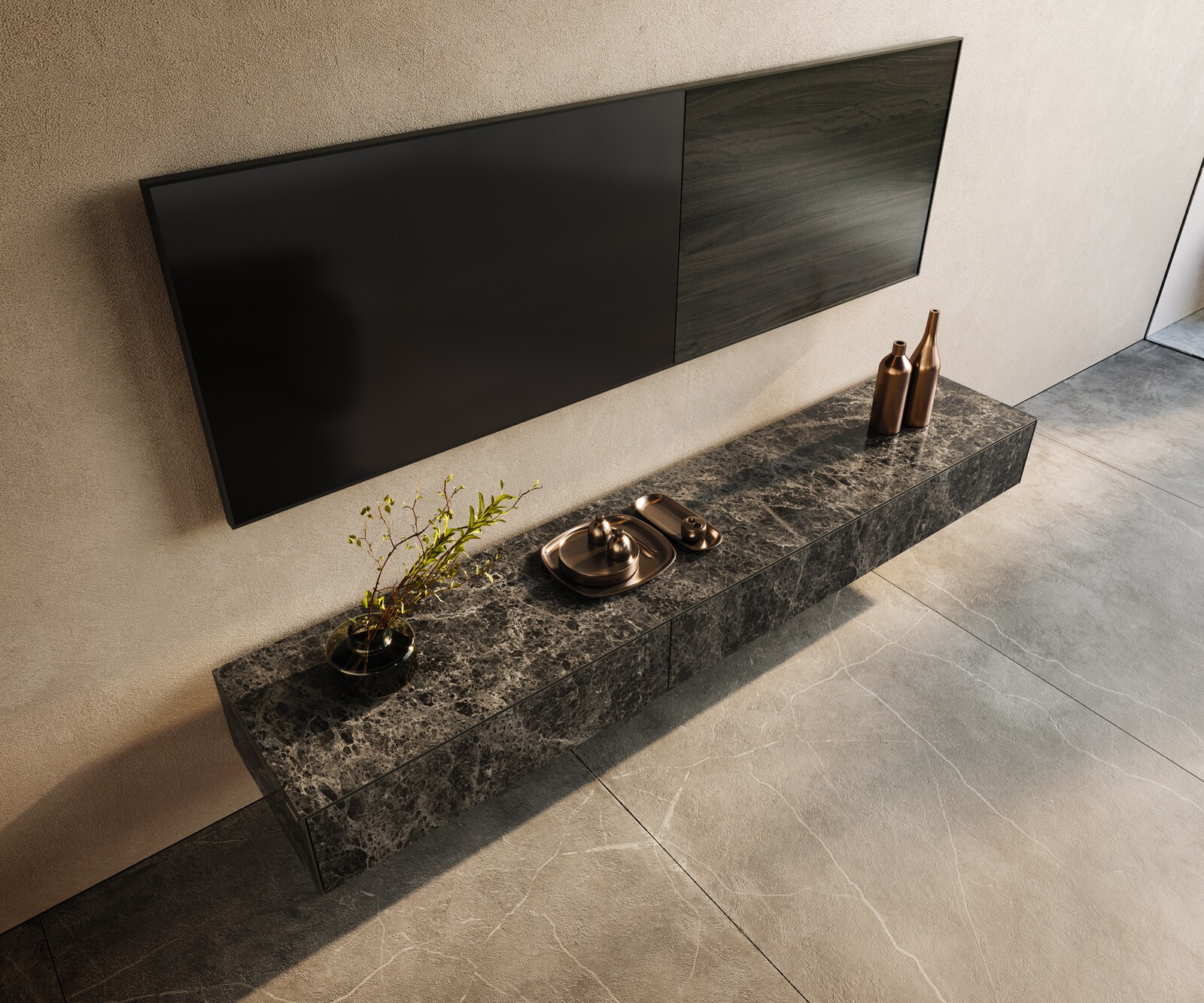 Tv-meubel Cuor 200 cm Keramiek Laminam® Emperador Extra Lucidato Donkerbruin 1 Flap 1 Lade Zwevend 3