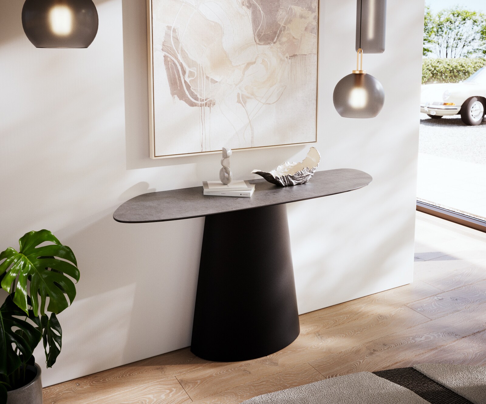 Consoletafel Edge Organisch 140x40 cm Keramiek Beton Grijs Conos Metaal Zwart 2
