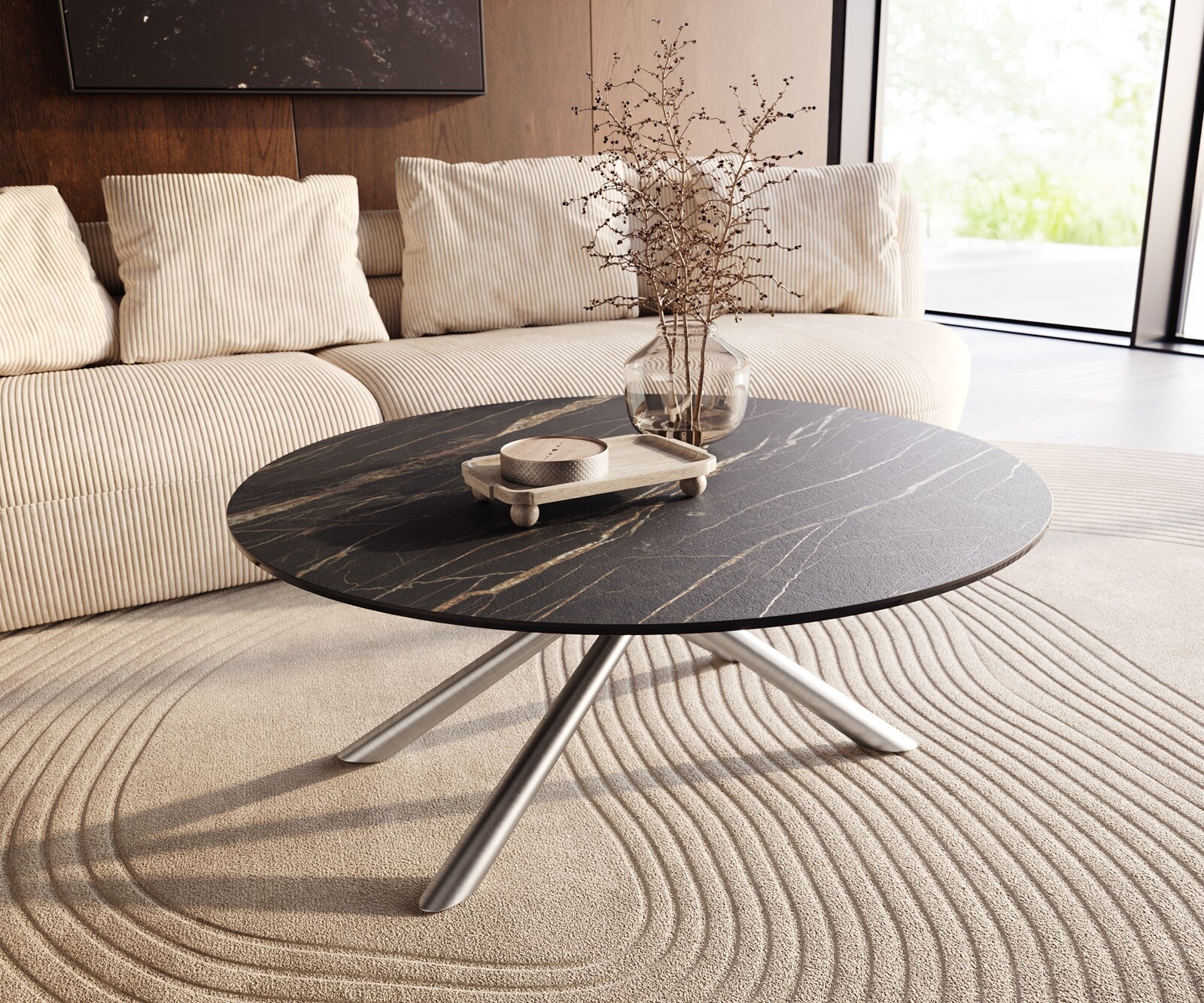 Salontafel Edge rond 100x100 cm keramiek Laminam® Noir Desir bruin Sarity geborsteld roestvrij staal 1
