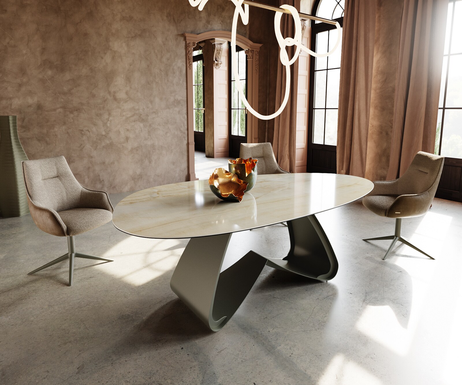 Eettafel Edge Oval 220x120 keramiek  Iris FMG Onice OroW-frame metaal effectafwerking Titan