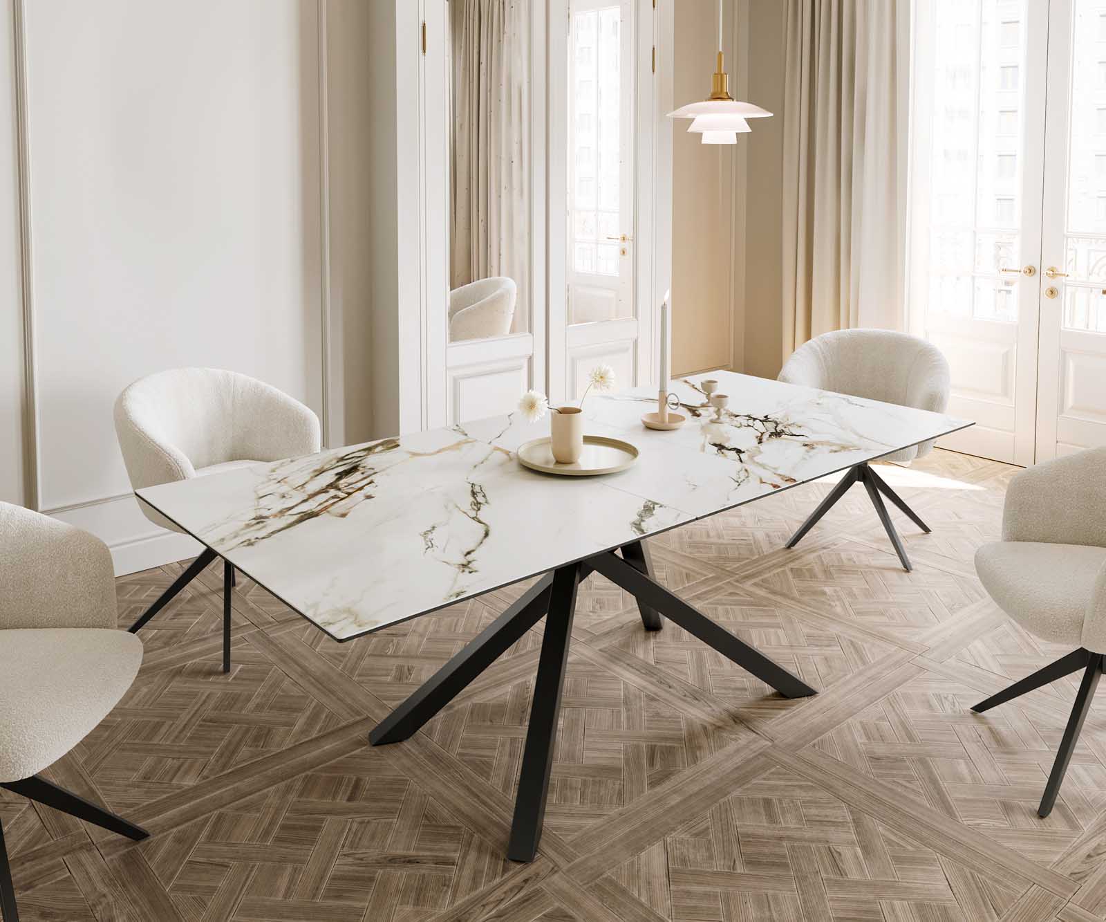 Eetkamertafel Edge 180-220x100 keramiek Calacatta Luxe wit-goud-grijs kruisframe rechthoek zwart uitschuifbaar