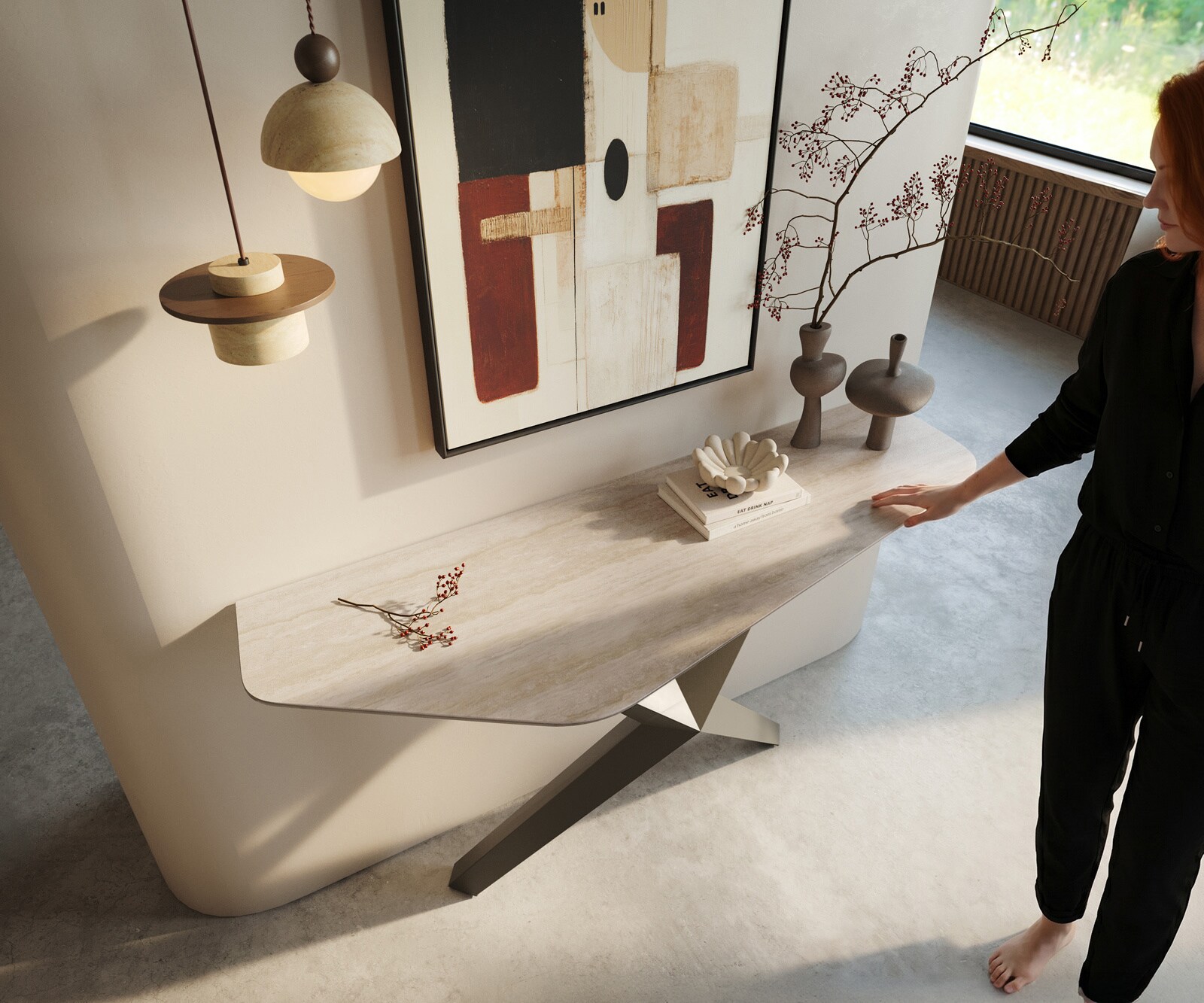 Consoletafel Edge Polygonaal 140x50 cm Keramiek Laminam® Travertino Bianco Creme-Weiß Zentharo Metaal Effektfinish Titan 2