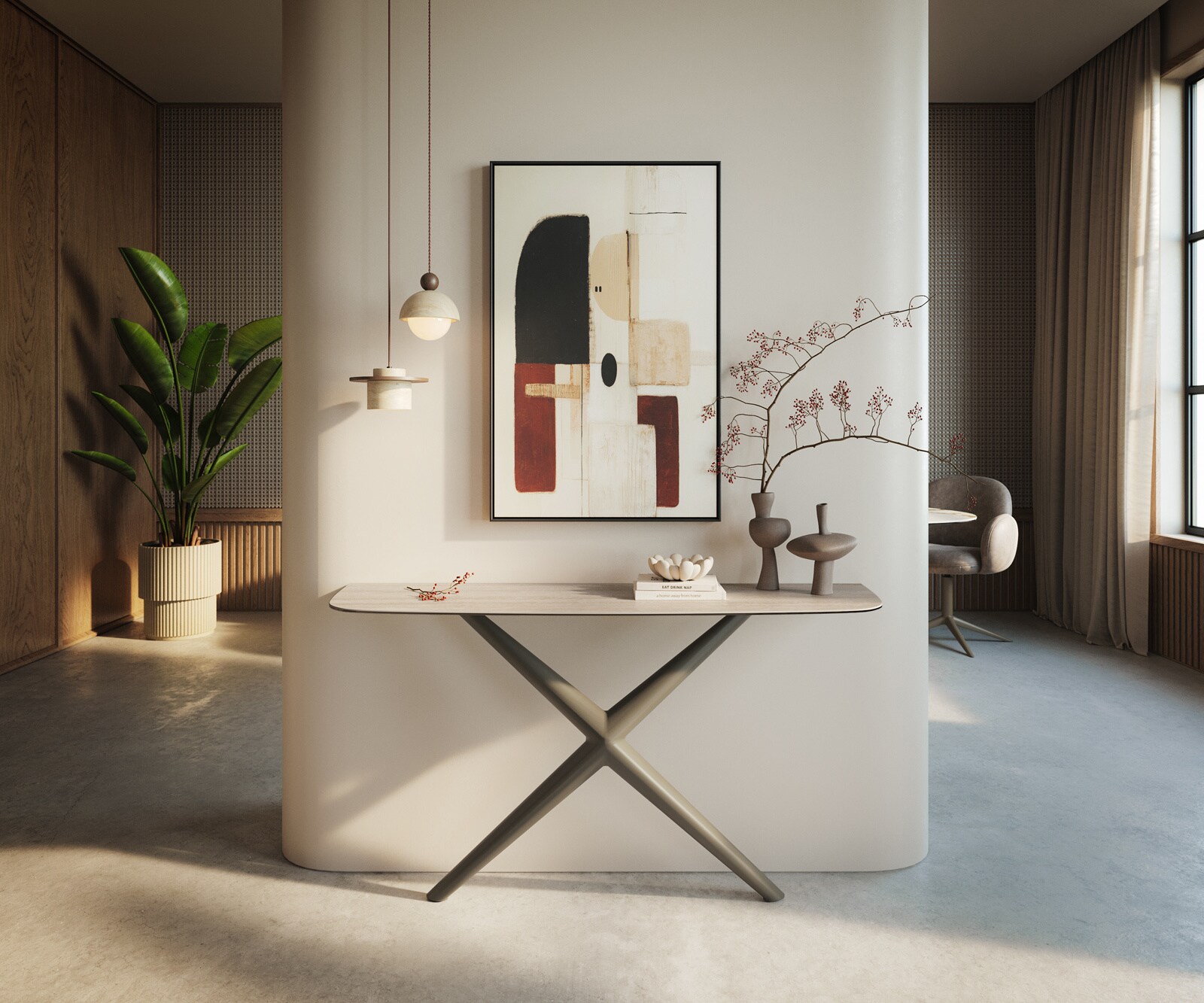 Consoletafel Edge Bootvorm 140x40 cm Keramiek Laminam® Travertino Bianco Creme-Weiß Estelo Metaal Effektfinish Titan 1
