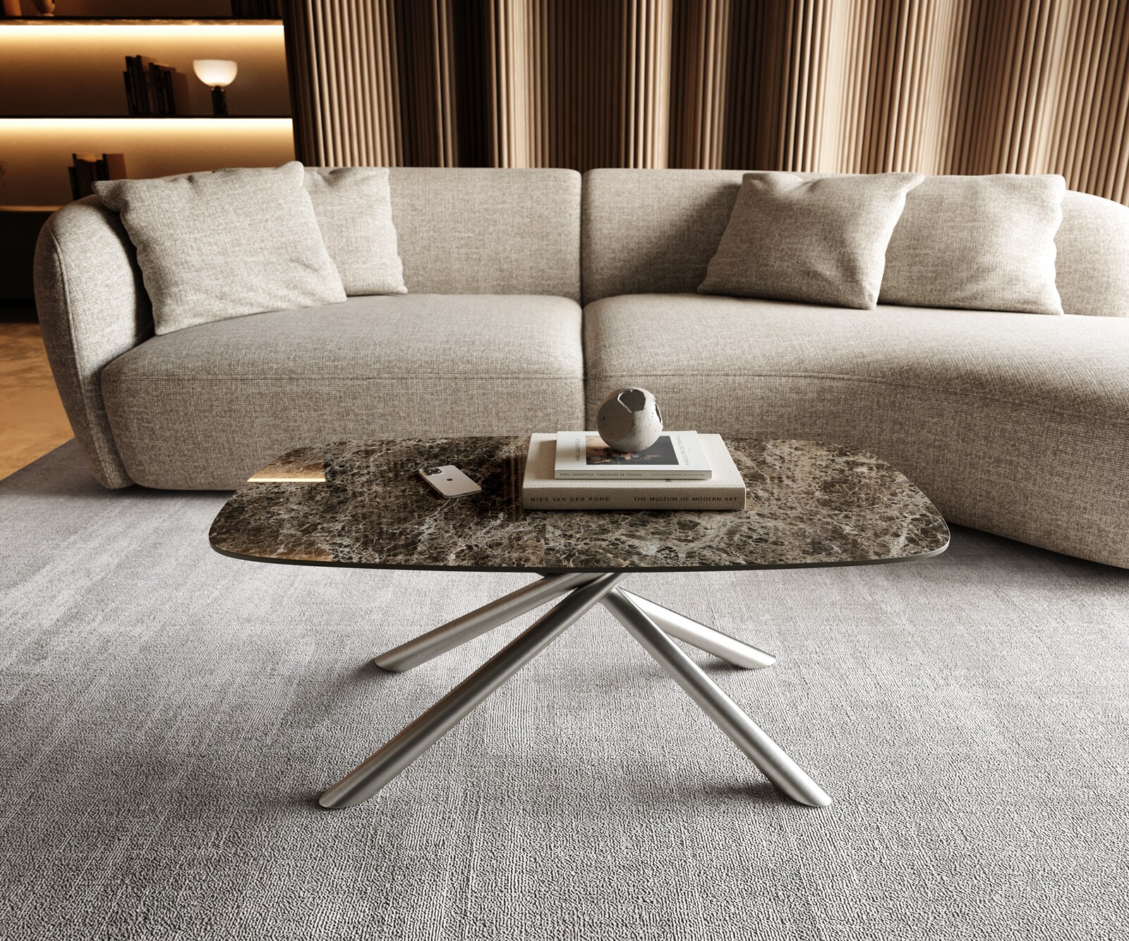 Salontafel Edge Boot 100x50 cm keramiek Laminam® Emperador Extra Lucidato donkerbruin Sarity geborsteld roestvrij staal 2