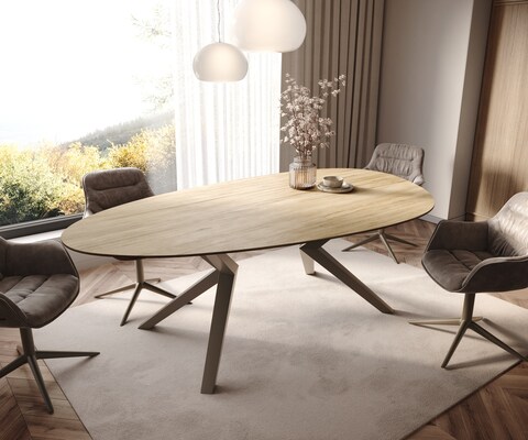 Eetkamertafel Edge ovaal 220x120 keramiek Laminam® Sabbia eiken kleur Zenthara hoekig metaal effectafwerking titaan