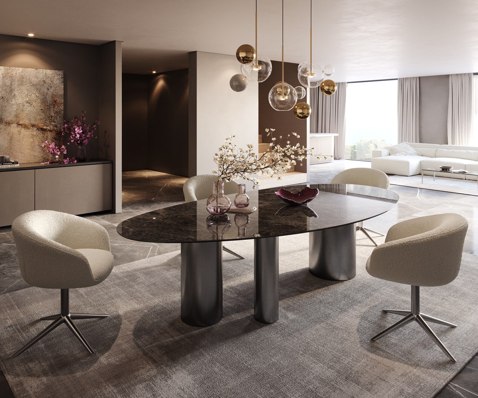 Eetkamertafel Edge ovaal 280x130 keramiek Laminam®Emperador Extra Lucidato donkerbruin Troa roestvrij staal grafiet 7