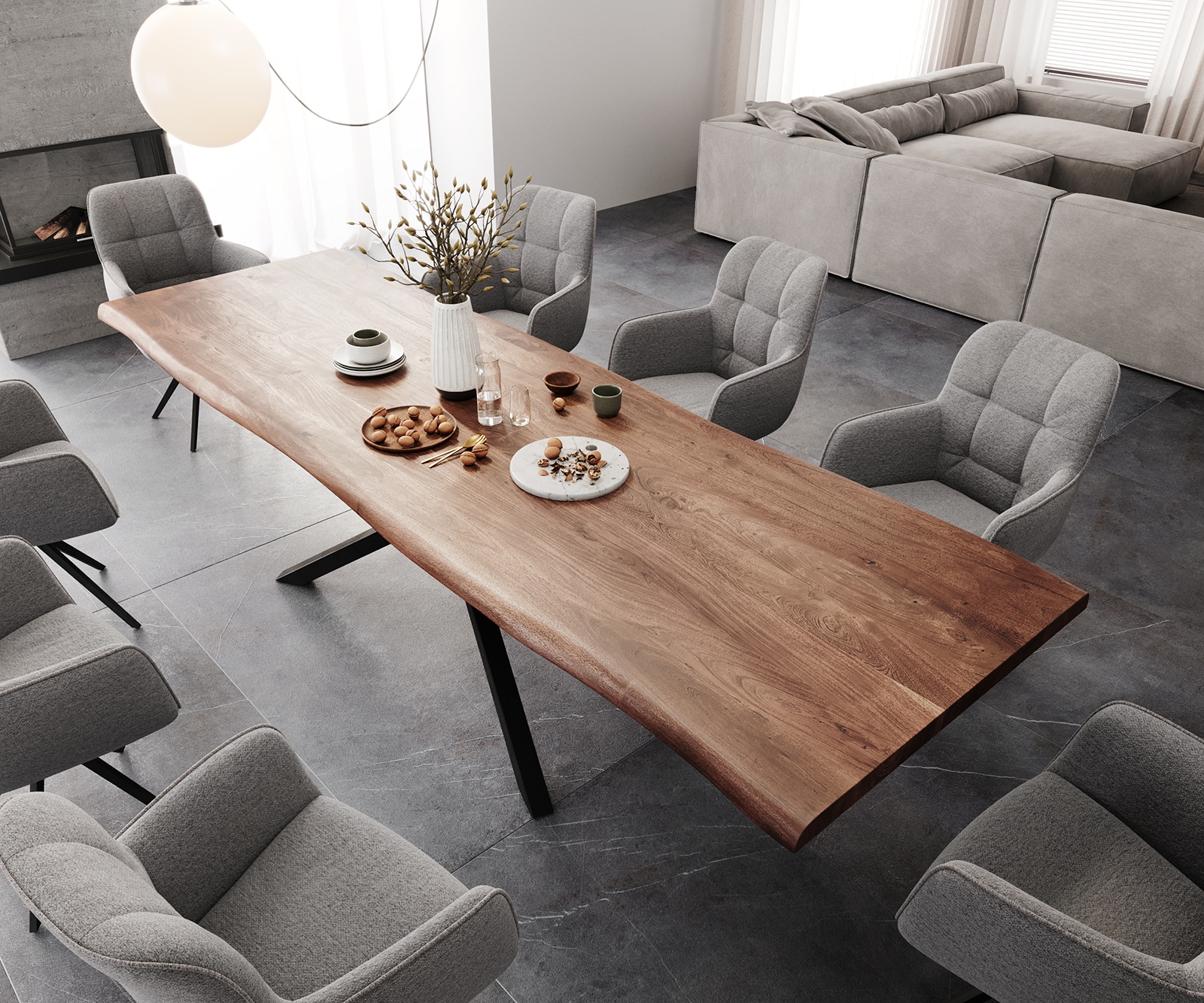 Eettafel Edge 300x100 XL acacia bruin Kreuzframe rechthoek zwart Live-Edge 4