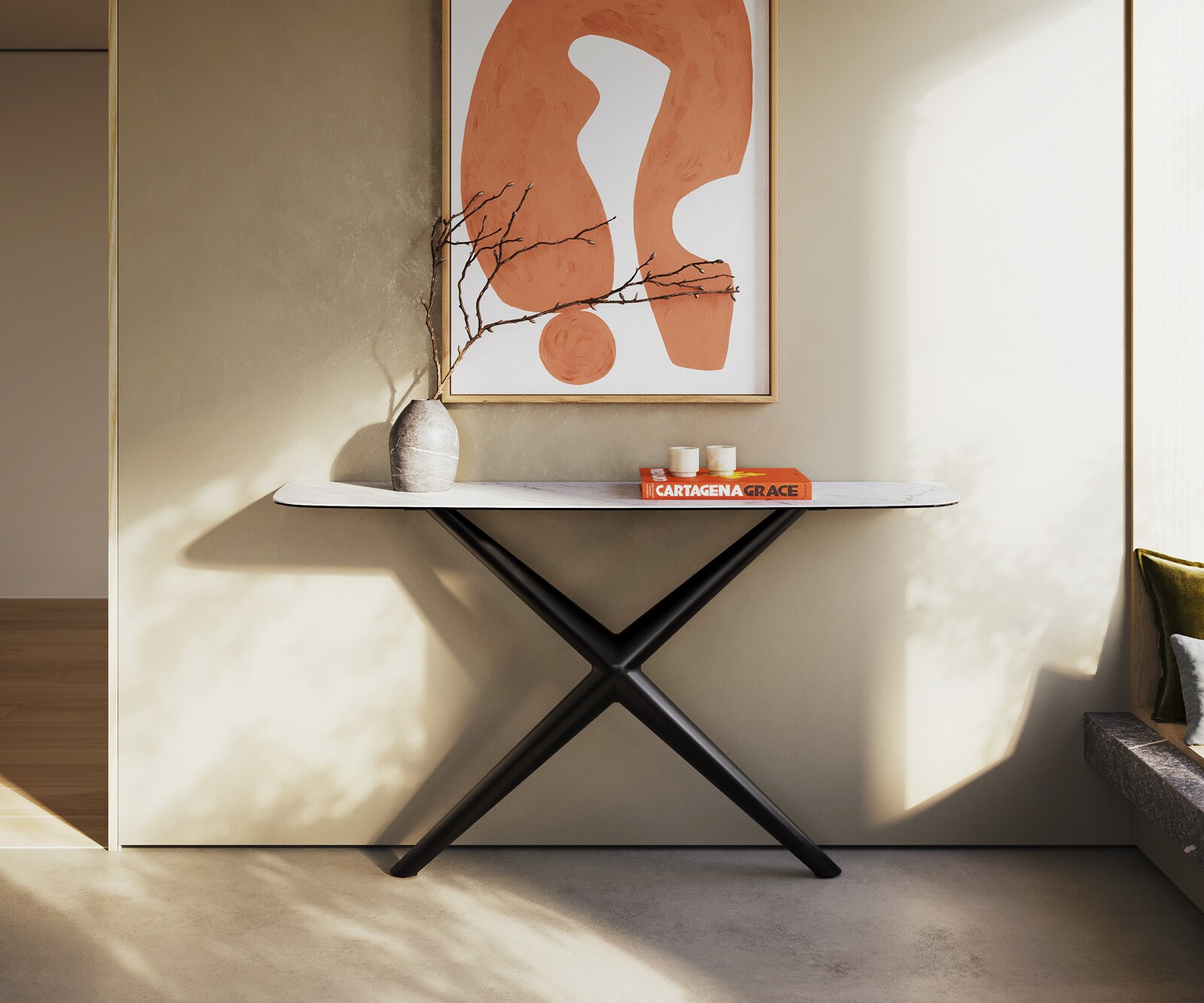 Consoletafel Edge Bootvorm 140x40 cm Keramiek Laminam® Statuarietto Weiß Estelo Metaal Zwart 1