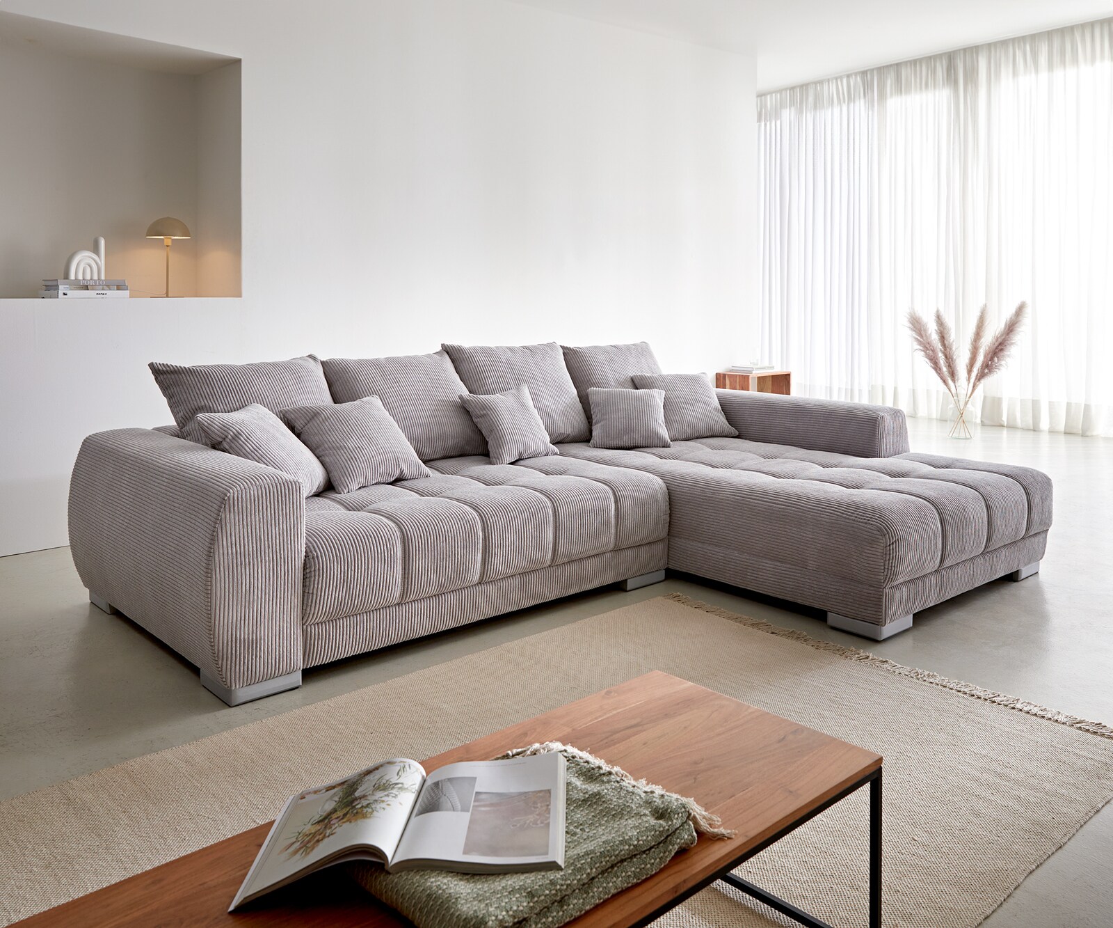 Hoekbank Josea 300x220 cm Cord zilvergrijs ottomaan rechts