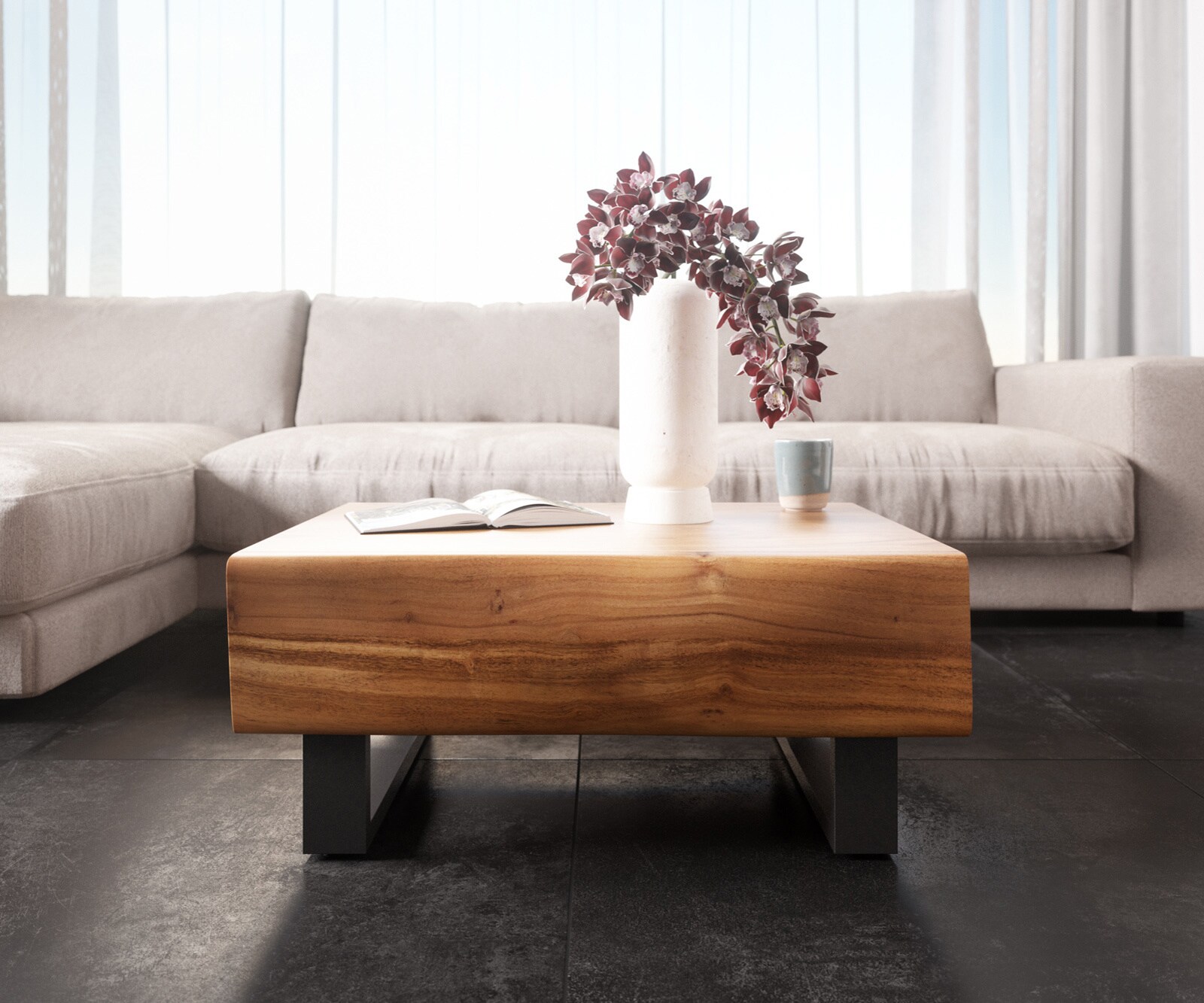 Salontafel New Live-Edge 80x60 cm acacia natuur 2 schuifladen Kufe metaal zwart  1