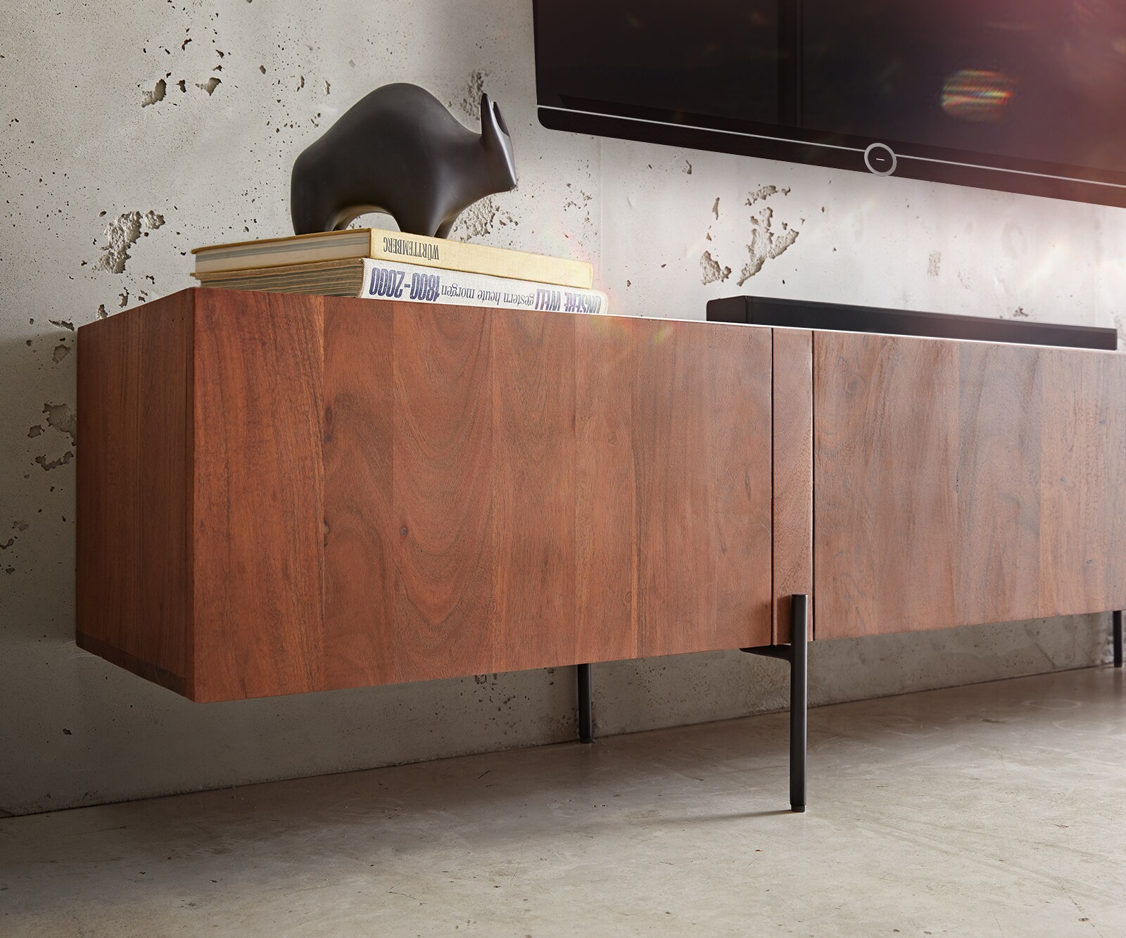 TV-meubel Secara 200 cm acacia bruin 4 deuren marmeren poten zwart 5 TV-meubel Secara 200 cm acacia bruin 4 deuren marmeren poten zwart 5