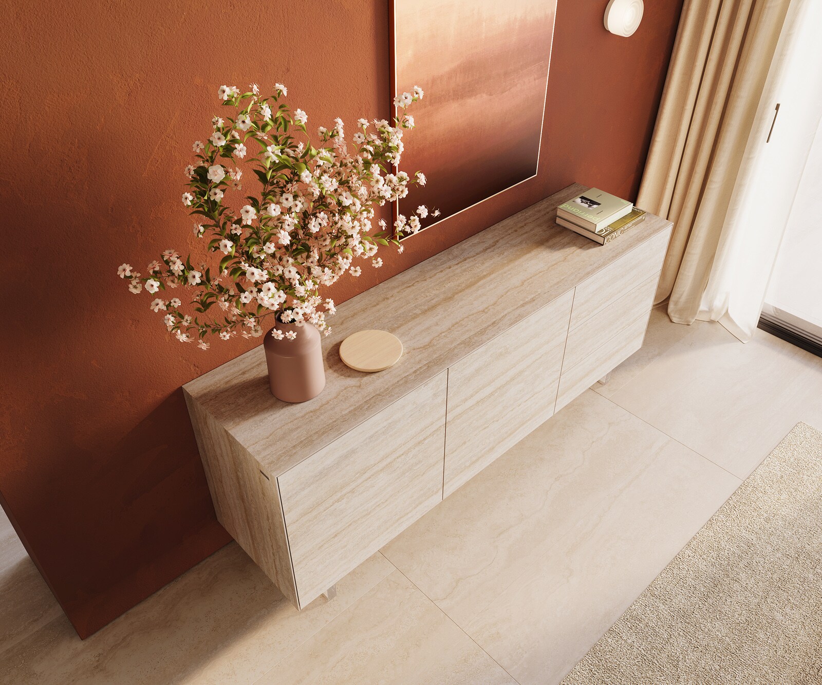 Dressoir Cuor 180 cm Keramiek Laminam® Travertino Bianco Crème-wit 2 Deuren 3 Laden Zwevende voet look Acrylglas 3