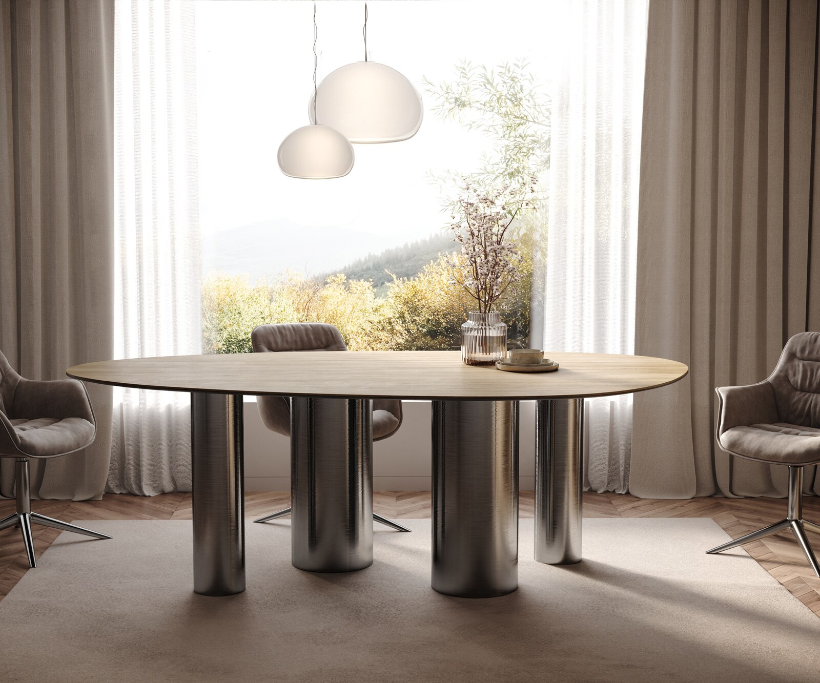 Eetkamertafel Edge ovaal 220x120 keramiek Laminam® Sabbia eiken kleur Pilier roestvrij staal grafiet 2