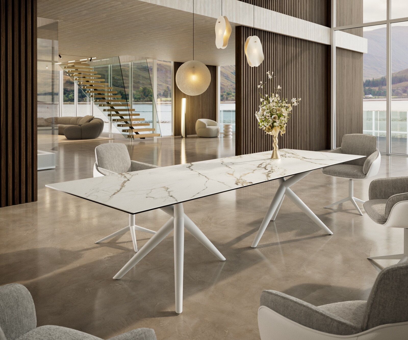 Eetkamertafel Edge 300x100 keramiek Calacatta Luxe wit-Gold-grijs Estelar rond  metaal wit 1
