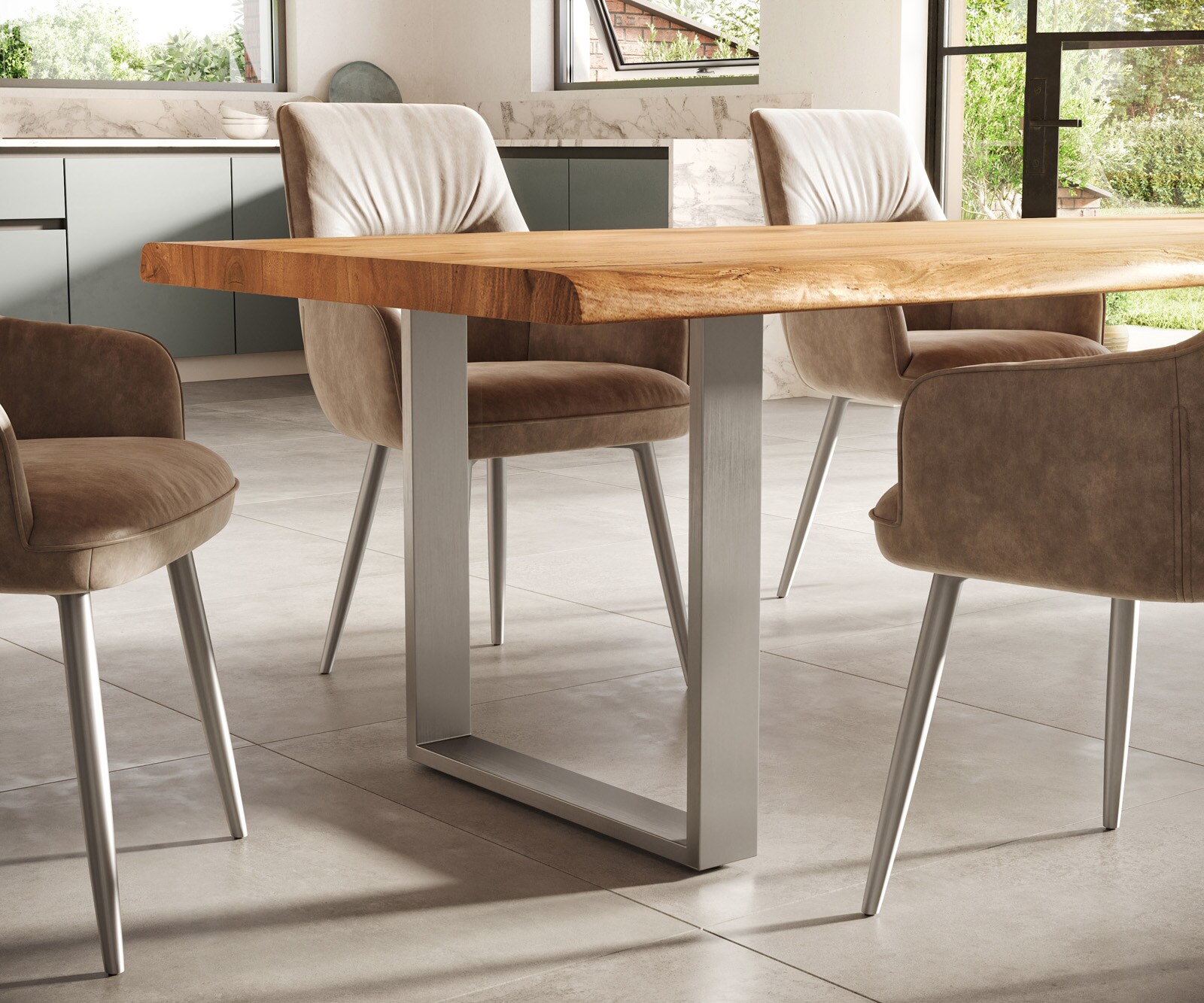 Eettafel Edge 300x100 XL acacia natuur roestvrijstaal smal Live-Edge 5