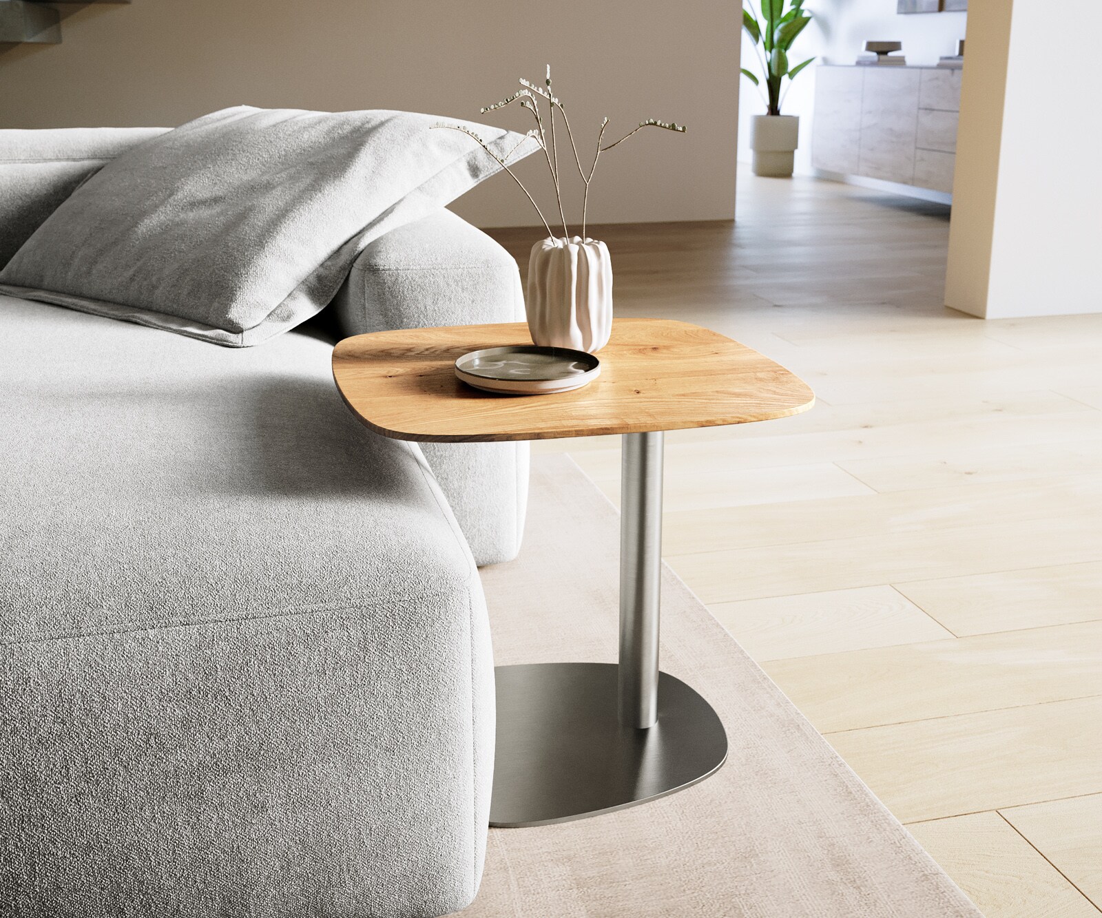 Bijzettafel Edge Boot 50x50 cm Eiken Naturel Zwitserse rand Eleny geborsteld roestvrij staal 1