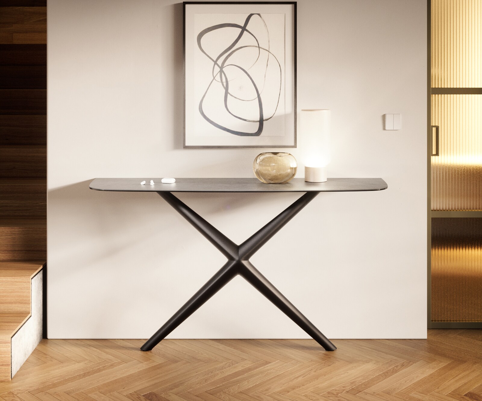 Consoletafel Edge Bootvorm 140x40 cm Keramiek Betongrijs Estelo Metaal Zwart 1