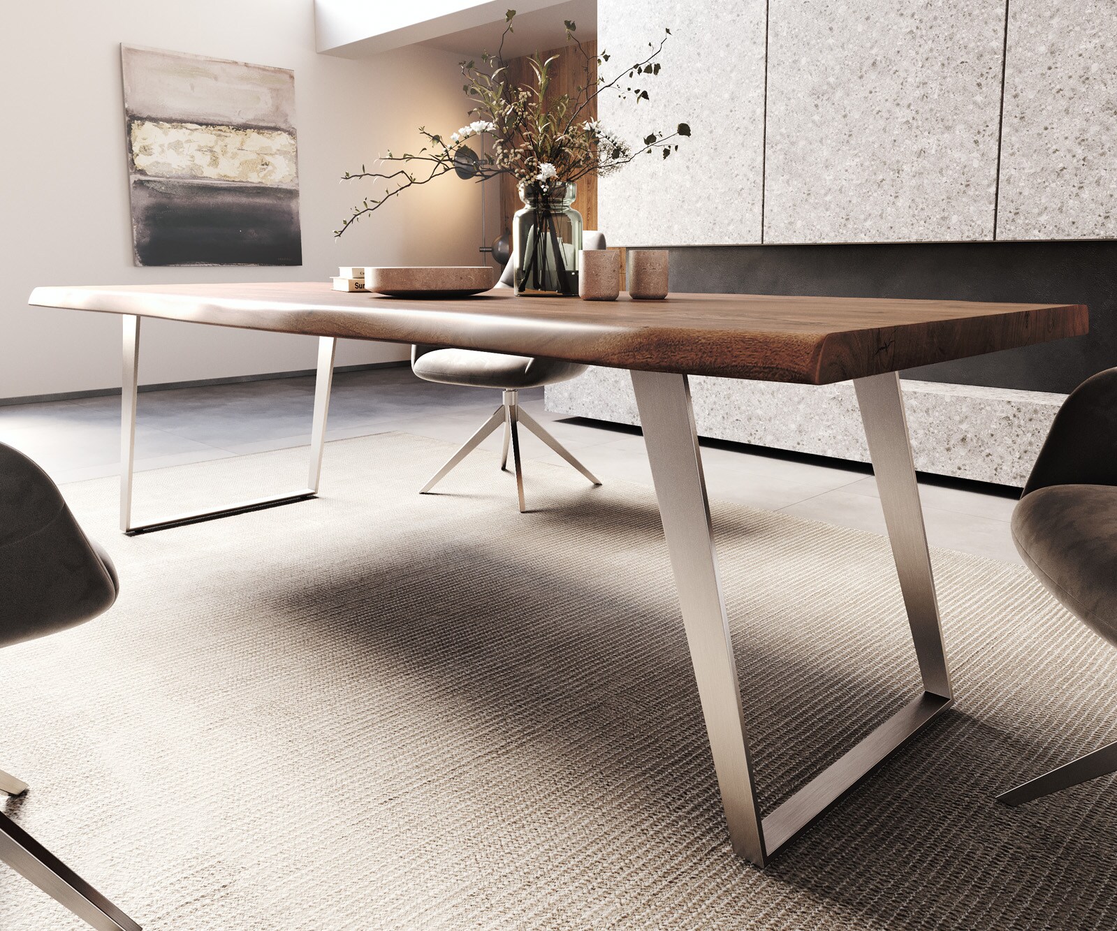 Eettafel Edge 260x100cm XL acacia bruin roestvrijstaal zilver schuin Live-Edge 5