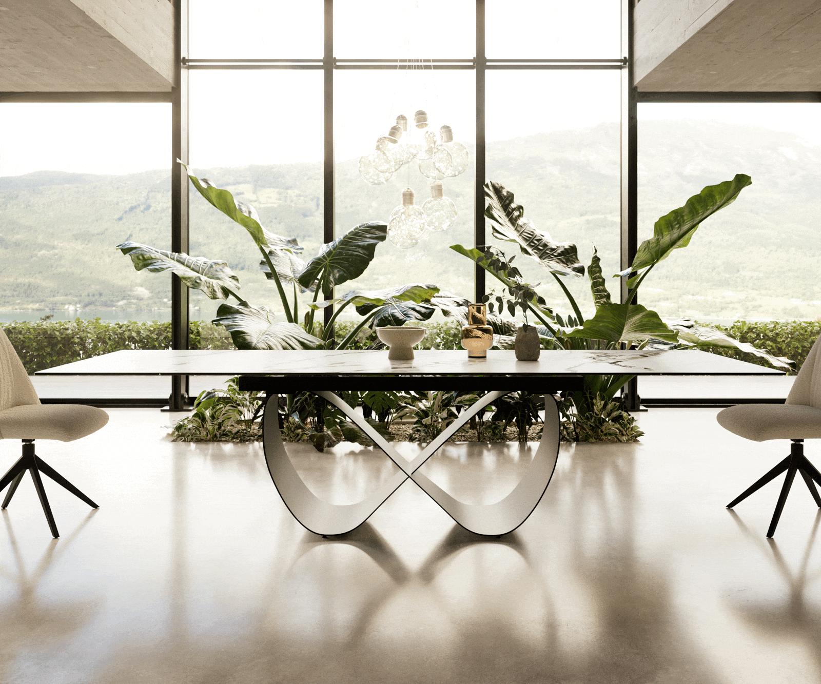 Eetkamertafel Edge 200-300x100 cm Keramiek Calacatta Luxe Wit-Goud-Grijs Infinity Metaal Zwart uitschuifbaar 2