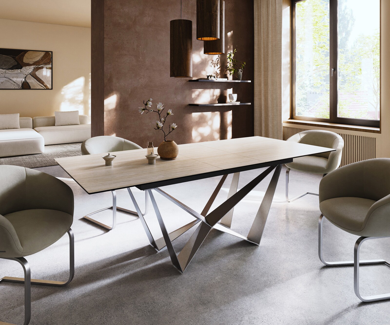 Eettafel Edge 180-220x90 keramiek  Laminam® Travertino Bianco Creme-wit Spider vlak staal RVS uitrekbaar