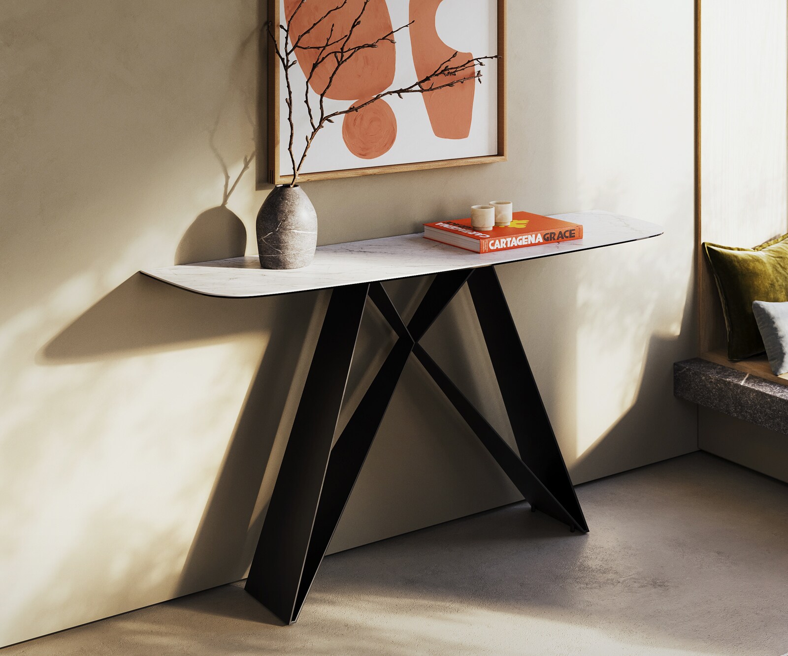 Consoletafel Edge Bootvorm 140x40 cm Keramiek Laminam® Statuarietto Weiß Velio Metaal Zwart 4