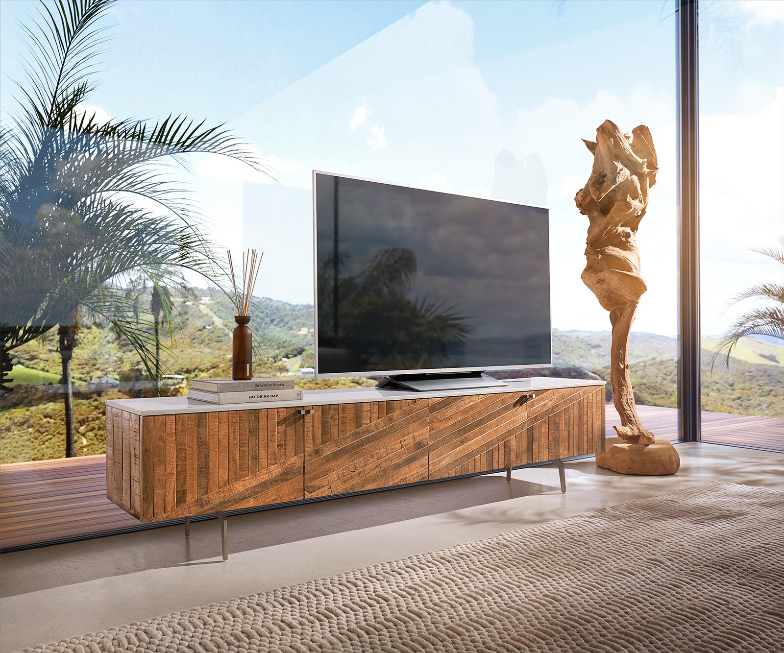 Tv-meubel Bahan 200 cm Mango Teak 4 deuren Marmeren blad wit hoekonderstel roestvrij staal
