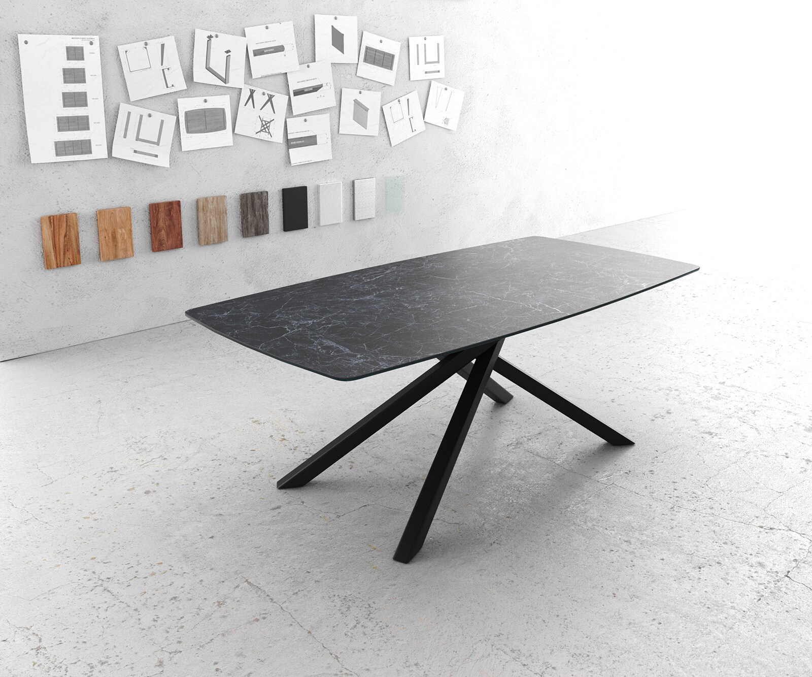 Eettafel Edge Bootsform 200x100cm Laminam® keramiek grijs middenpoot kruis zwart 1