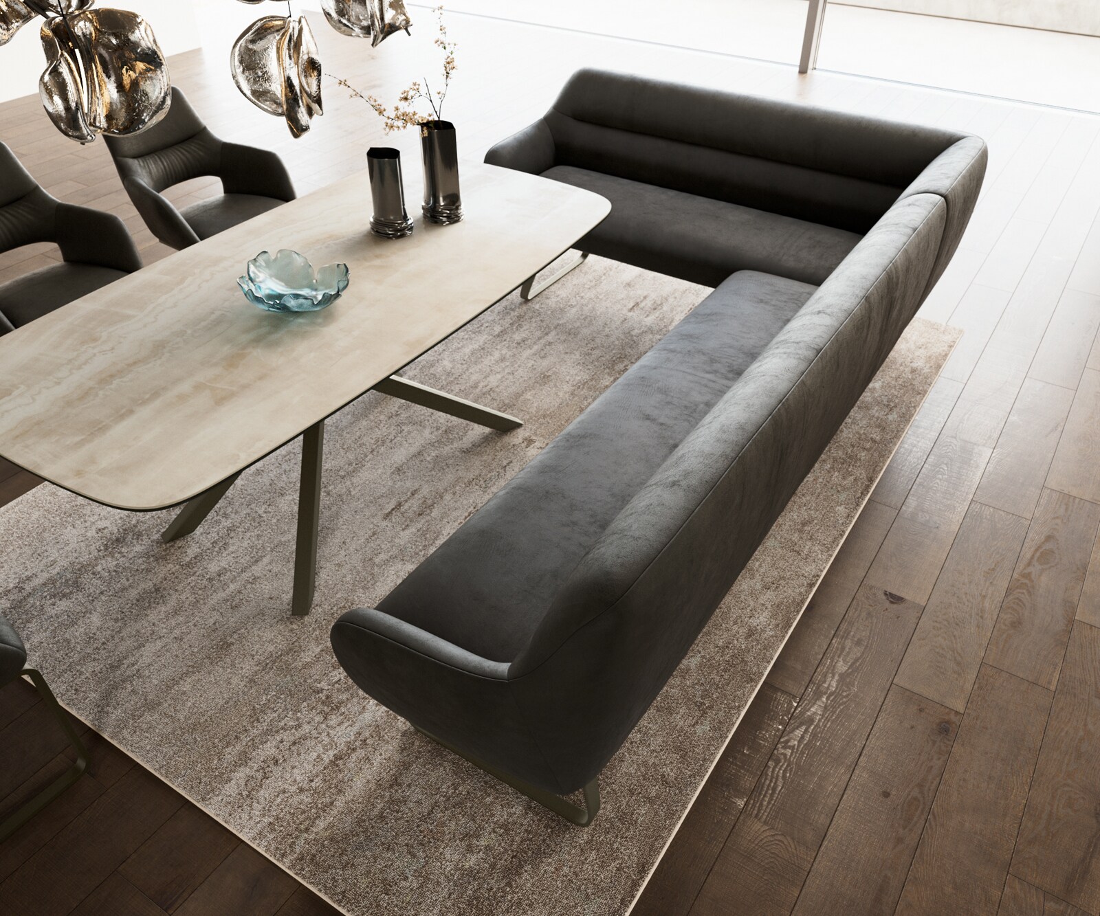 Eetkamerbank Taya-Flex 285x190 cm microvelours anthraciet vintage platte sledebasis afwerking met titaniumeffect pocketvering rechts 4