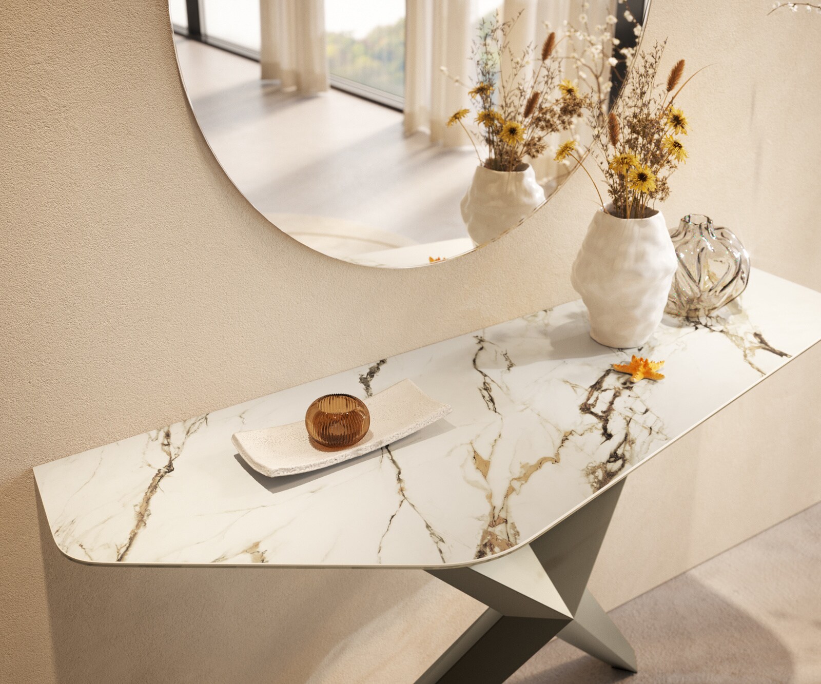 Consoletafel Edge Polygonaal 140x50 cm Keramiek Calacatta Luxe Weiß-Gold-Grijs Zentharo Metaal Effektfinish Titan 6