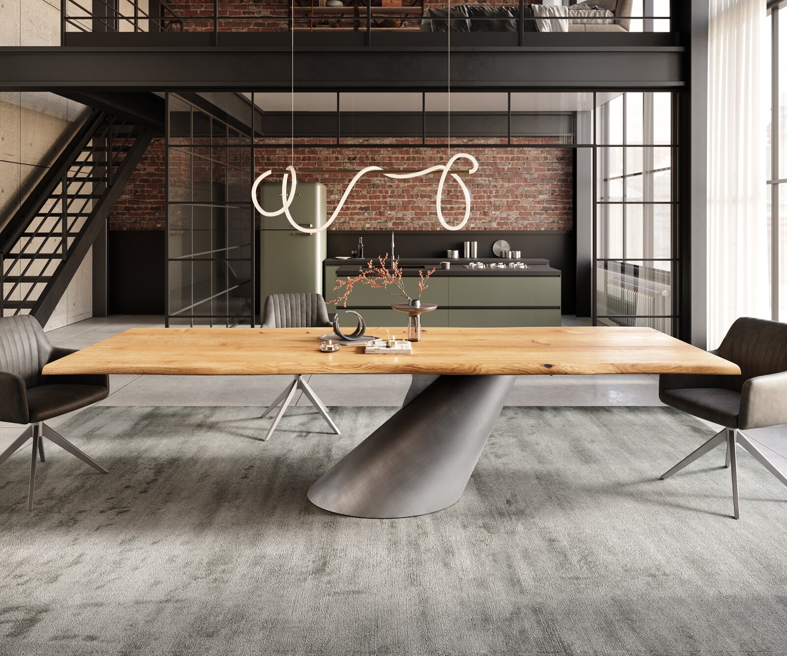 Eettafel Edge 300x100x4 eiken natuur Cono metaal zilver Live-Edge 1