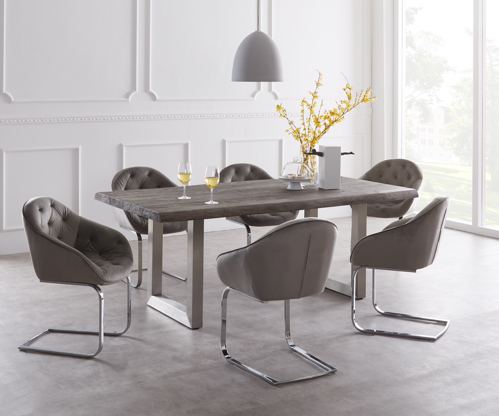 Eettafel Edge 200x100 XL acacia platina roestvrijstaal breed Live-Edge