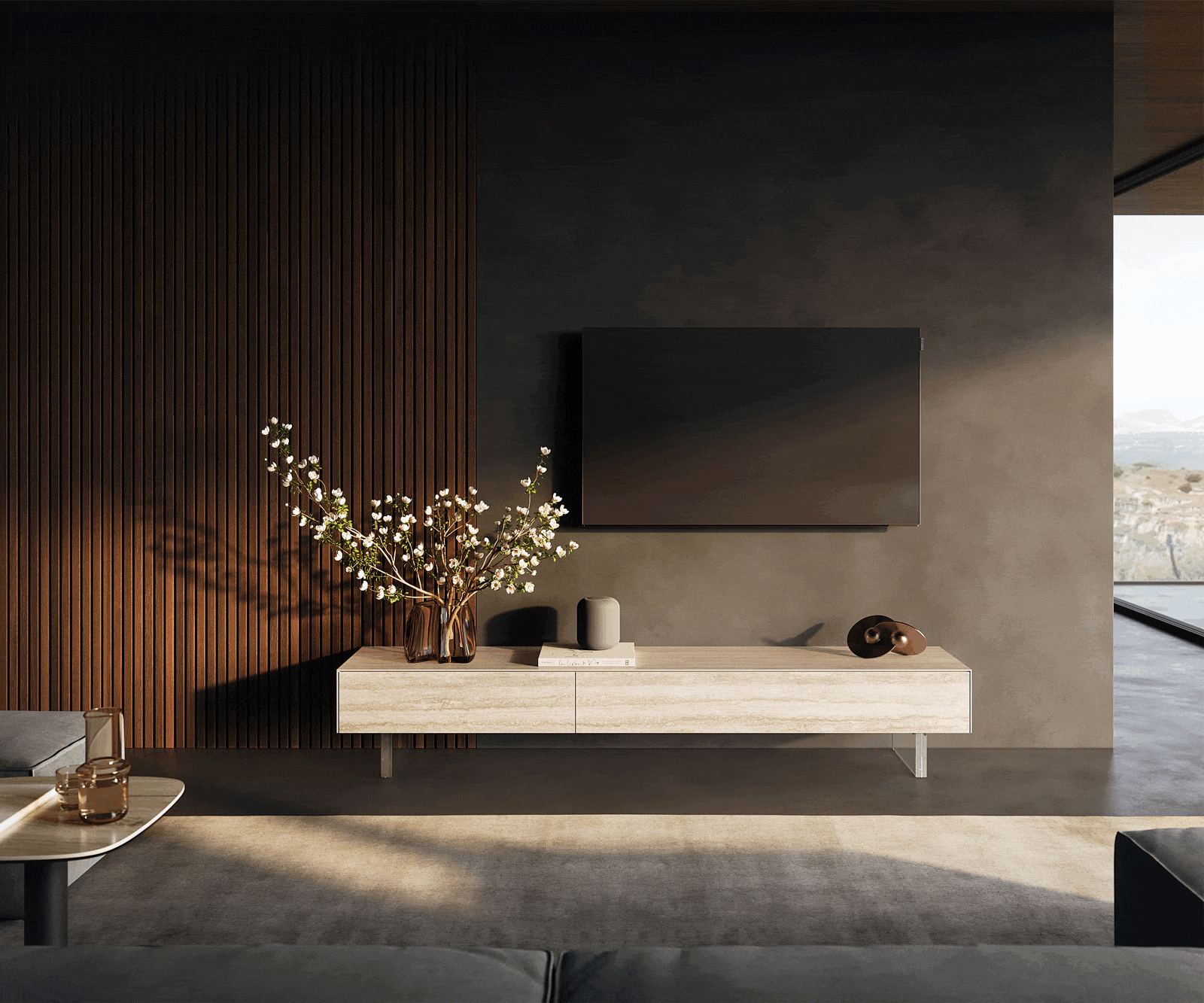 Tv-meubel Cuor 200 cm Keramiek Laminam® Travertino Bianco Crème-wit 1 Flap 1 Lade Zwevende voet look Acrylglas 1