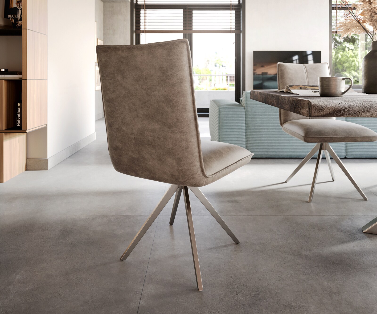 Eetkamerstoel Lelio-Flex microvelours taupe vintage kruisframe breed roestvrij staal pocketveer kern 4 Eetkamerstoel Lelio-Flex microvelours taupe vintage kruisframe breed roestvrij staal pocketveer kern 4