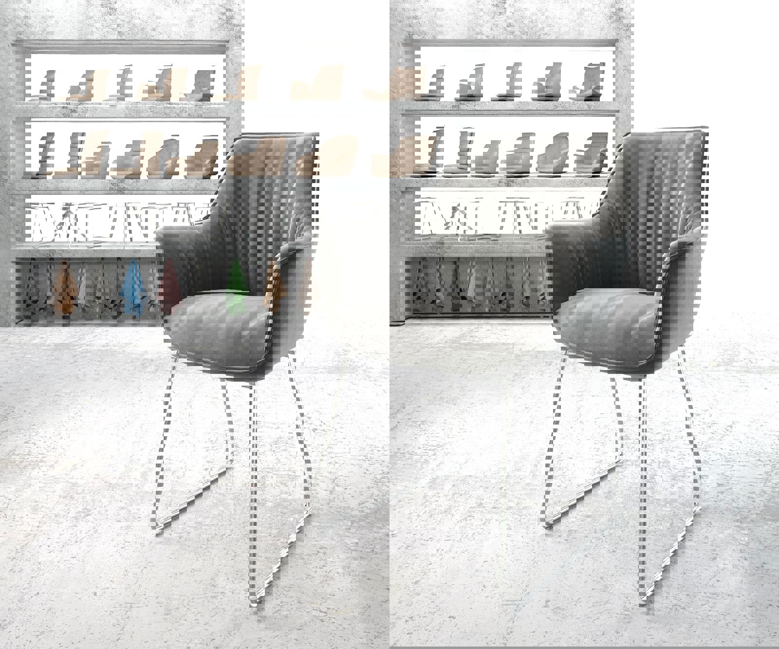 Eetkamerstoel Keila-Flex met armleuning fluweel grijs slipframe roestvrij staal