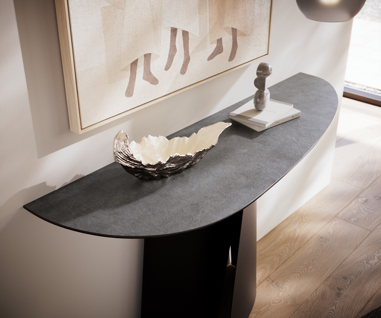 Consoletafel Edge Oval 140x40 cm Keramiek Beton Grijs Livos Metaal Zwart 6