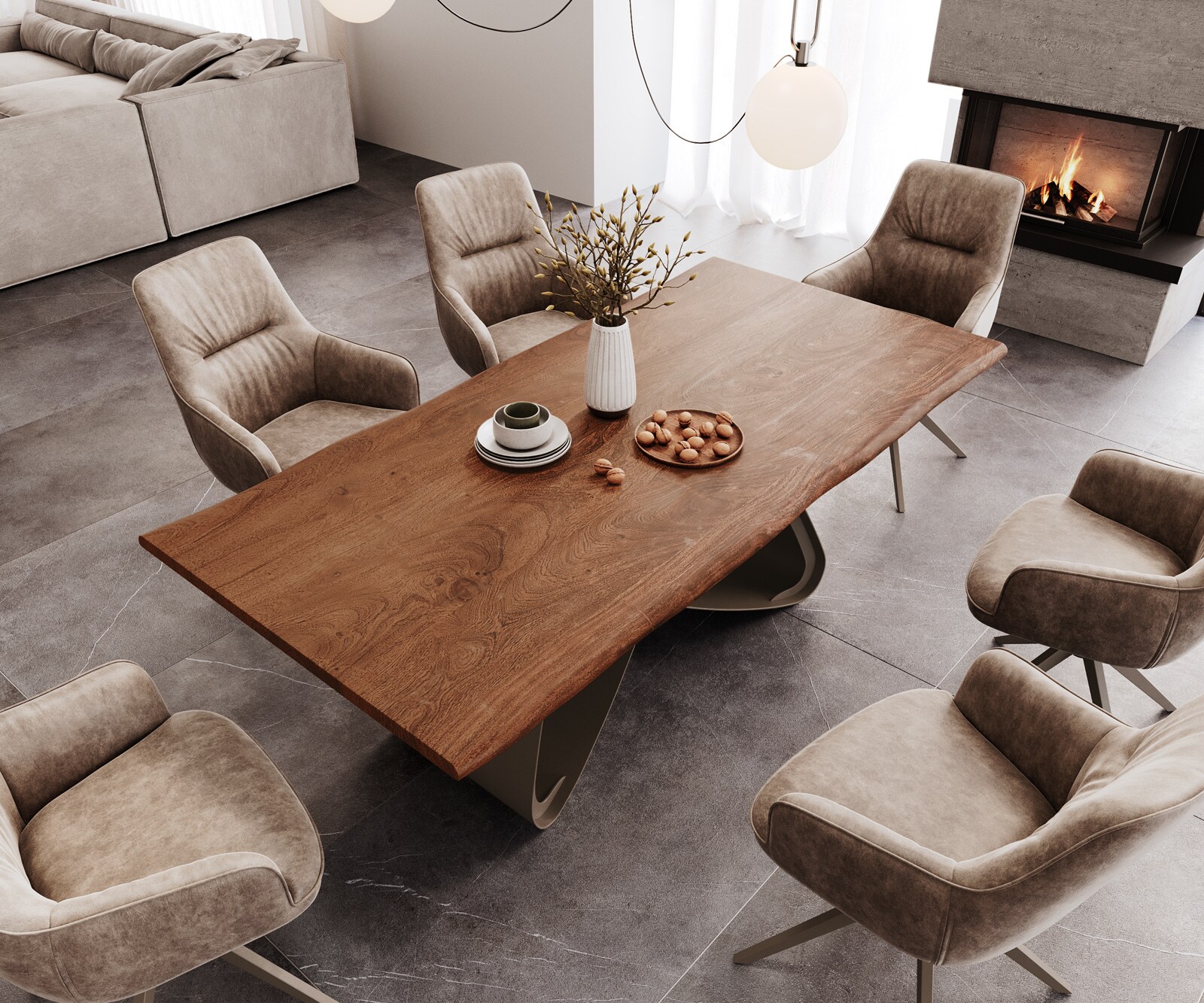Eetkamertafel Edge 200x100 acacia bruin W-frame metaal effectafwerking titaan Live-Edge 4
