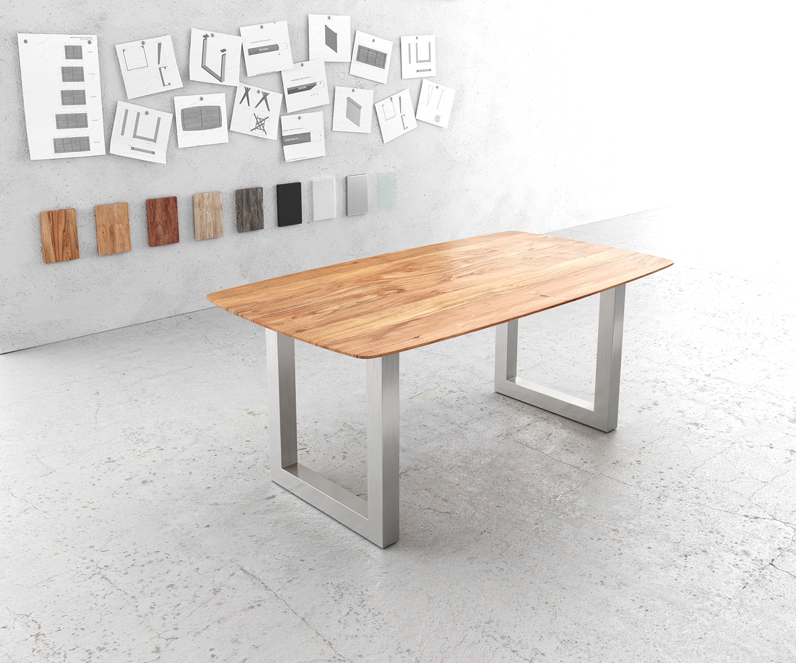 Eettafel Edge Boot 180x90 acacia natuur edelstaal breed Zwitserse rand Eettafel Edge Boot 180x90 acacia natuur edelstaal breed Zwitserse rand