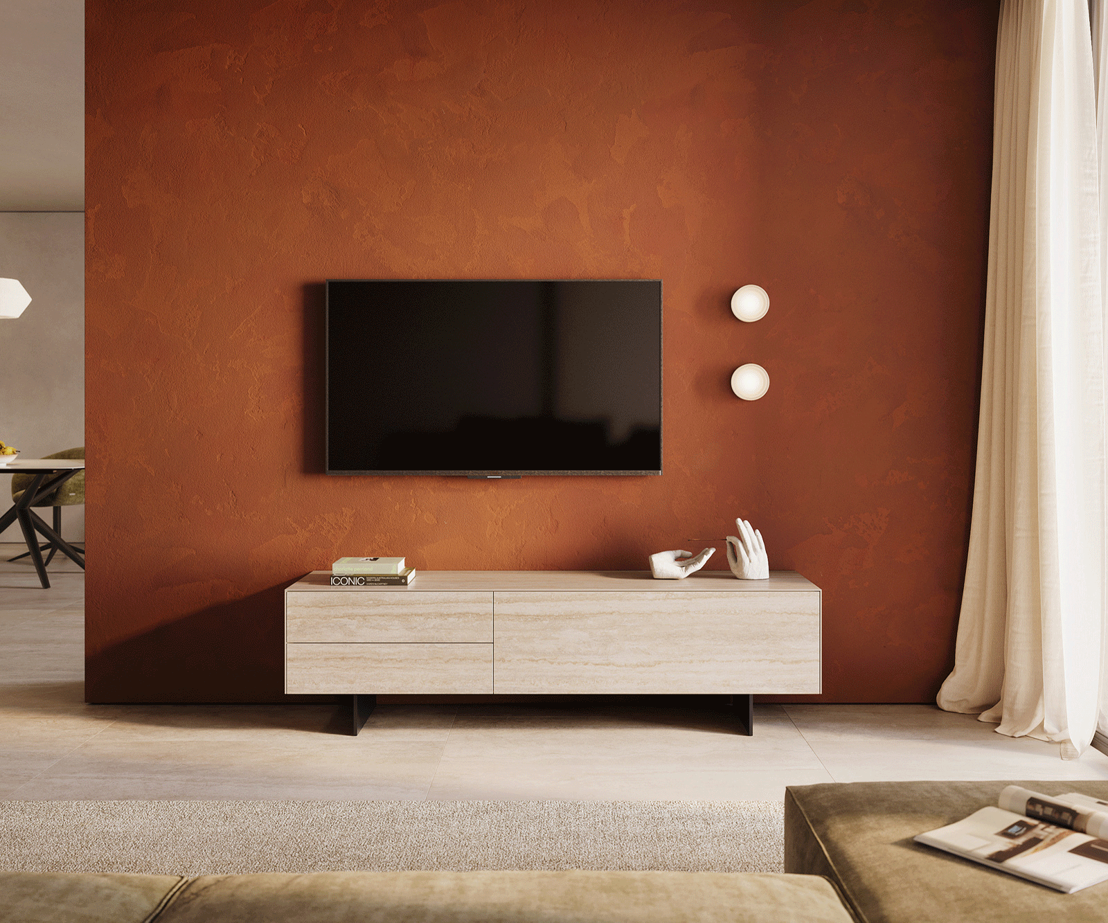 Tv-meubel Cuor 180 cm Keramiek Laminam® Travertino Bianco Crème-wit 1 Flap 2 Laden Zwevende voet look Metaal Zwart 2