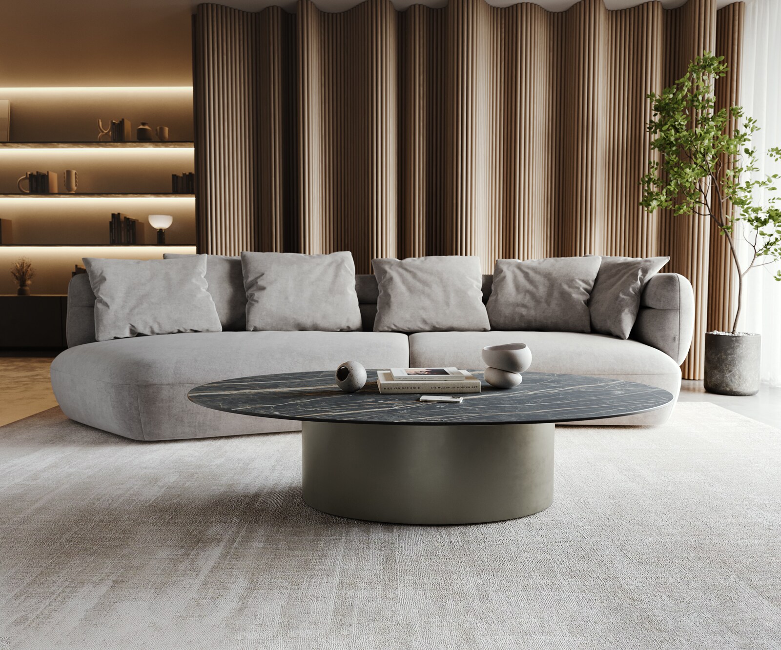Salontafel Casilda 150x90 cm keramiek Laminam®Noir Desir Bruin middenpoot titaniumeffect 1