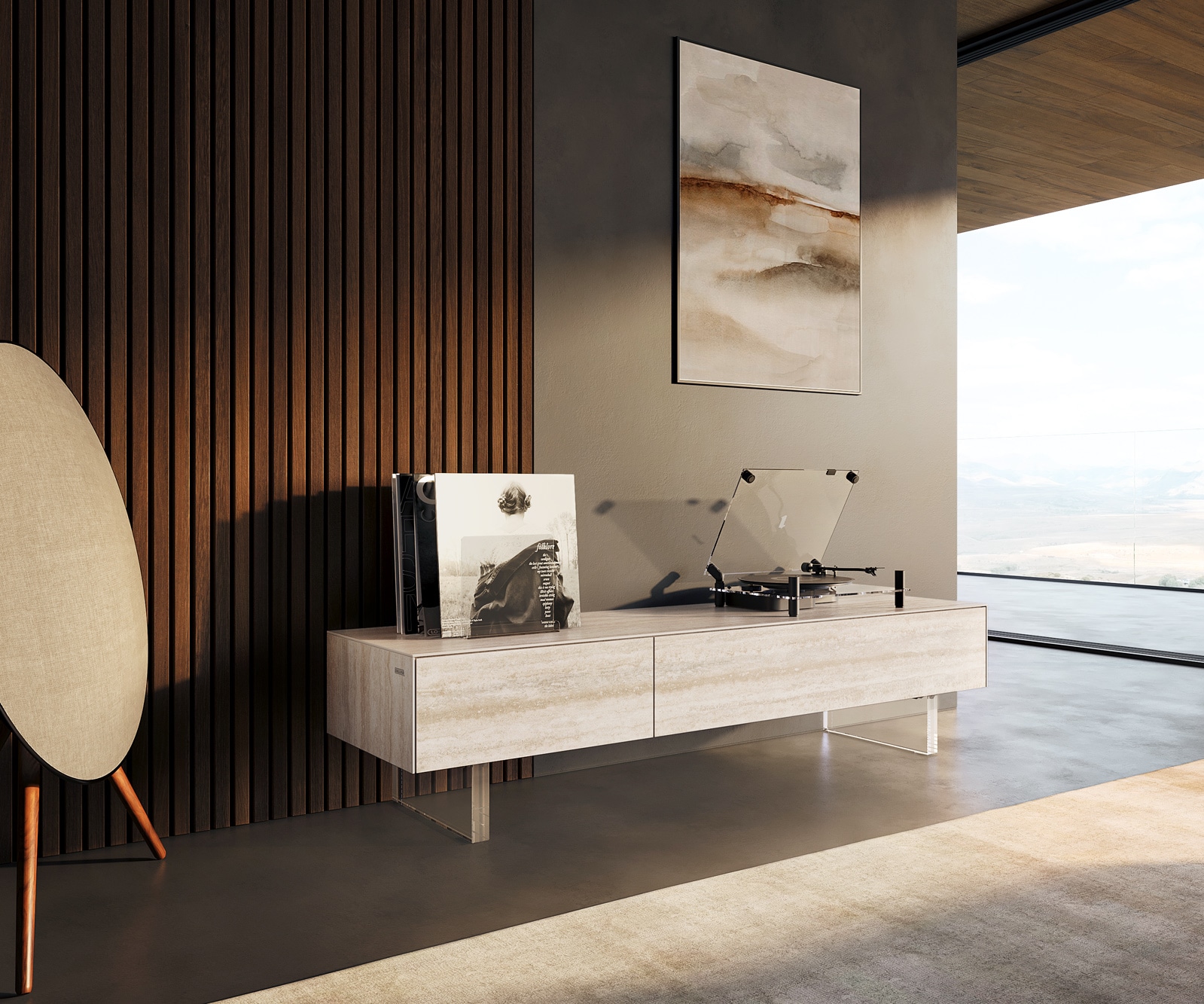 Tv-meubel Cuor 150 cm Keramiek Laminam® Travertino Bianco Crème-wit 1 Flap 1 Lade Zwevende voet look Acrylglas Tv-meubel Cuor 150 cm Keramiek Laminam® Travertino Bianco Crème-wit 1 Flap 1 Lade Zwevende voet look Acrylglas
