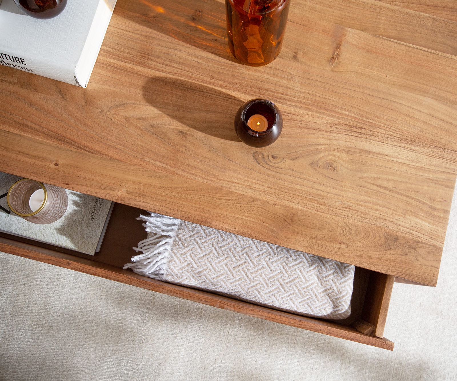 Salontafel Stonegrace 80x60 acacia natuur 2 laden steen fineer V-poot 6 Salontafel Stonegrace 80x60 acacia natuur 2 laden steen fineer V-poot 6