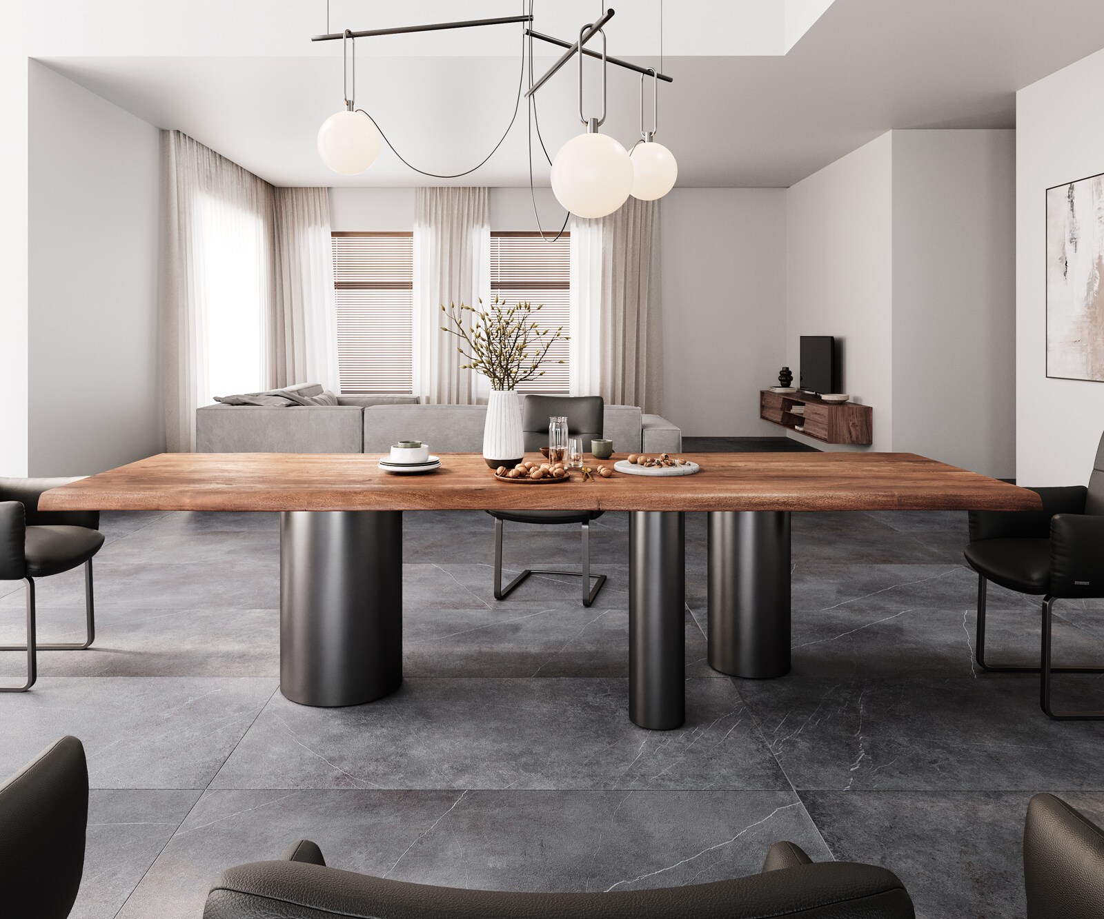 Eetkamertafel Edge 300x100 XL acacia bruin Troa roestvrij staal grafiet Live-Edge 1