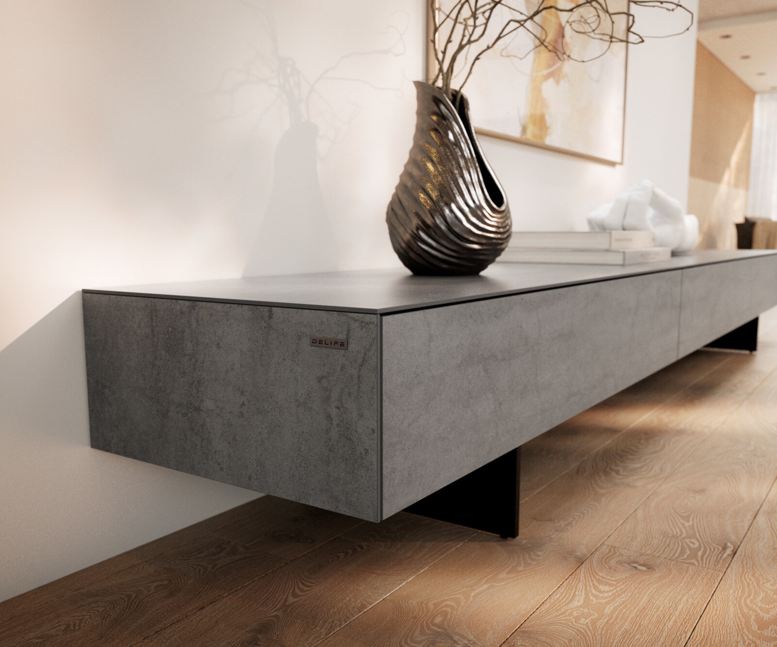 Tv-meubel Cuor 250 cm Keramiek Beton Grijs 1 Flap 1 Laden Zwevende voet look Metaal Zwart 6