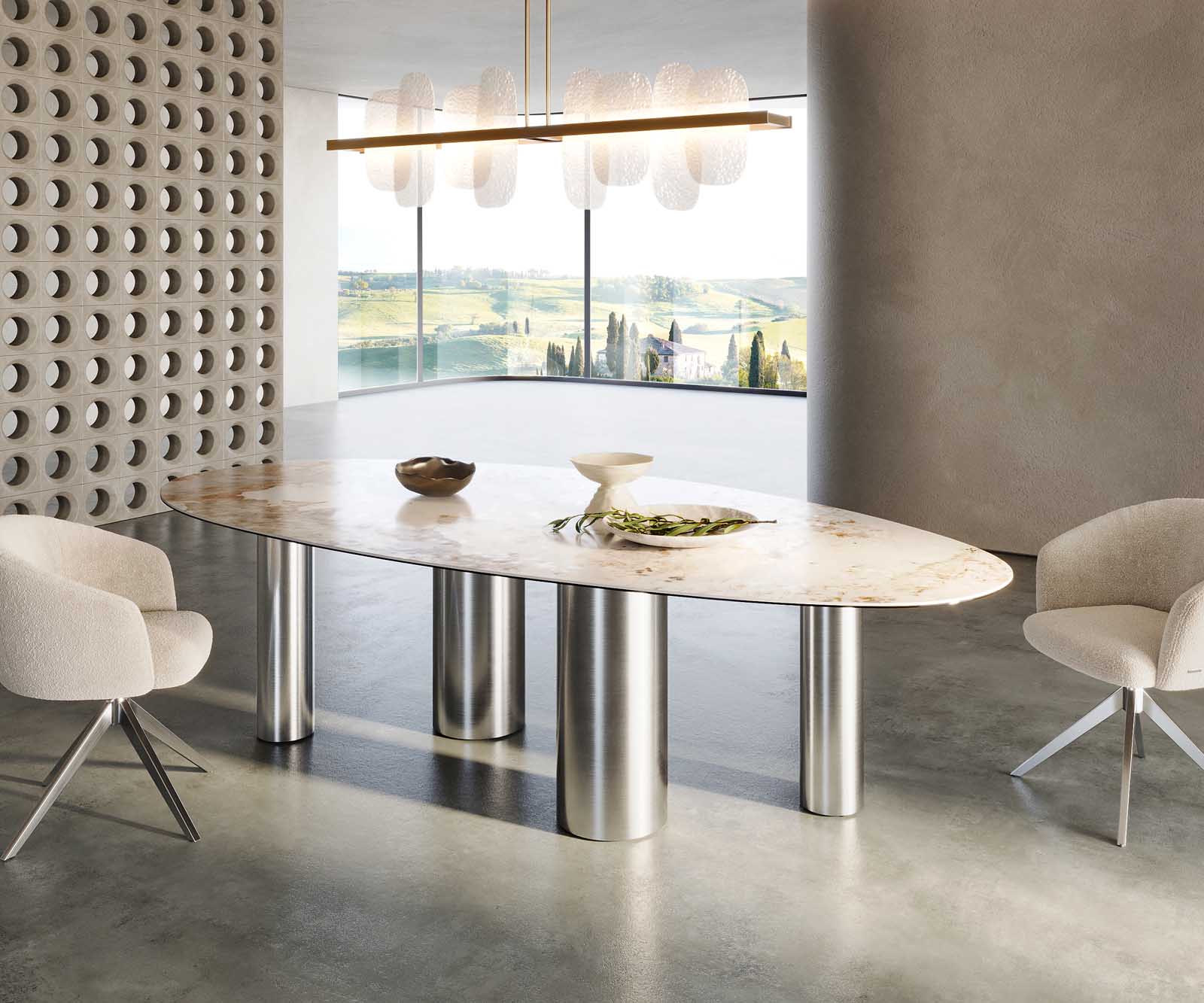 Eettafel Edge ovaal 280x130 keramiek Minas Melange wit-beige pilier roestvrij staal 7