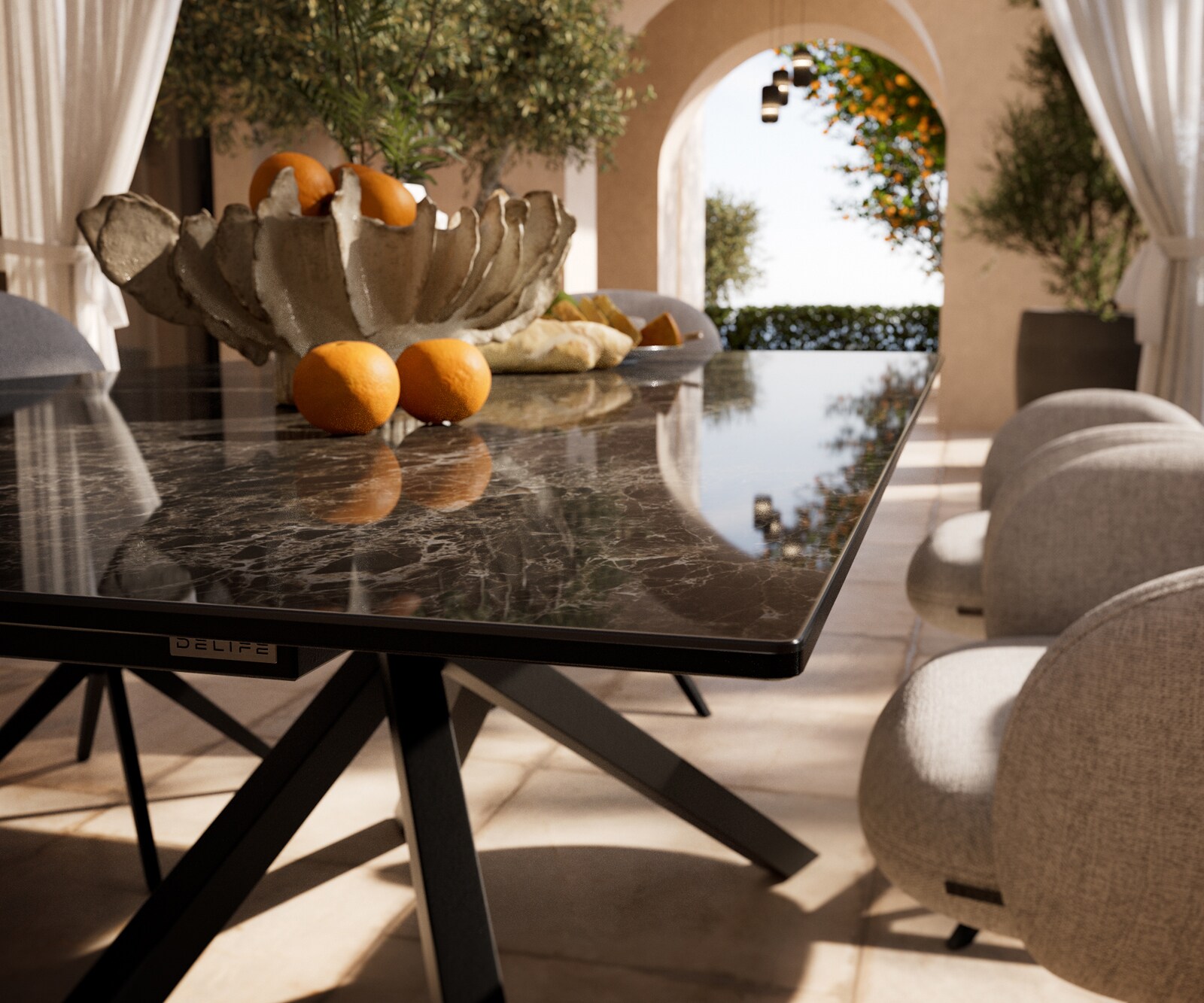 Outdoortafel Edge 200x100 cm keramiek Laminam® Emperador Extra Lucidato donkerbruin kruispoot rechthoekig zwart 4