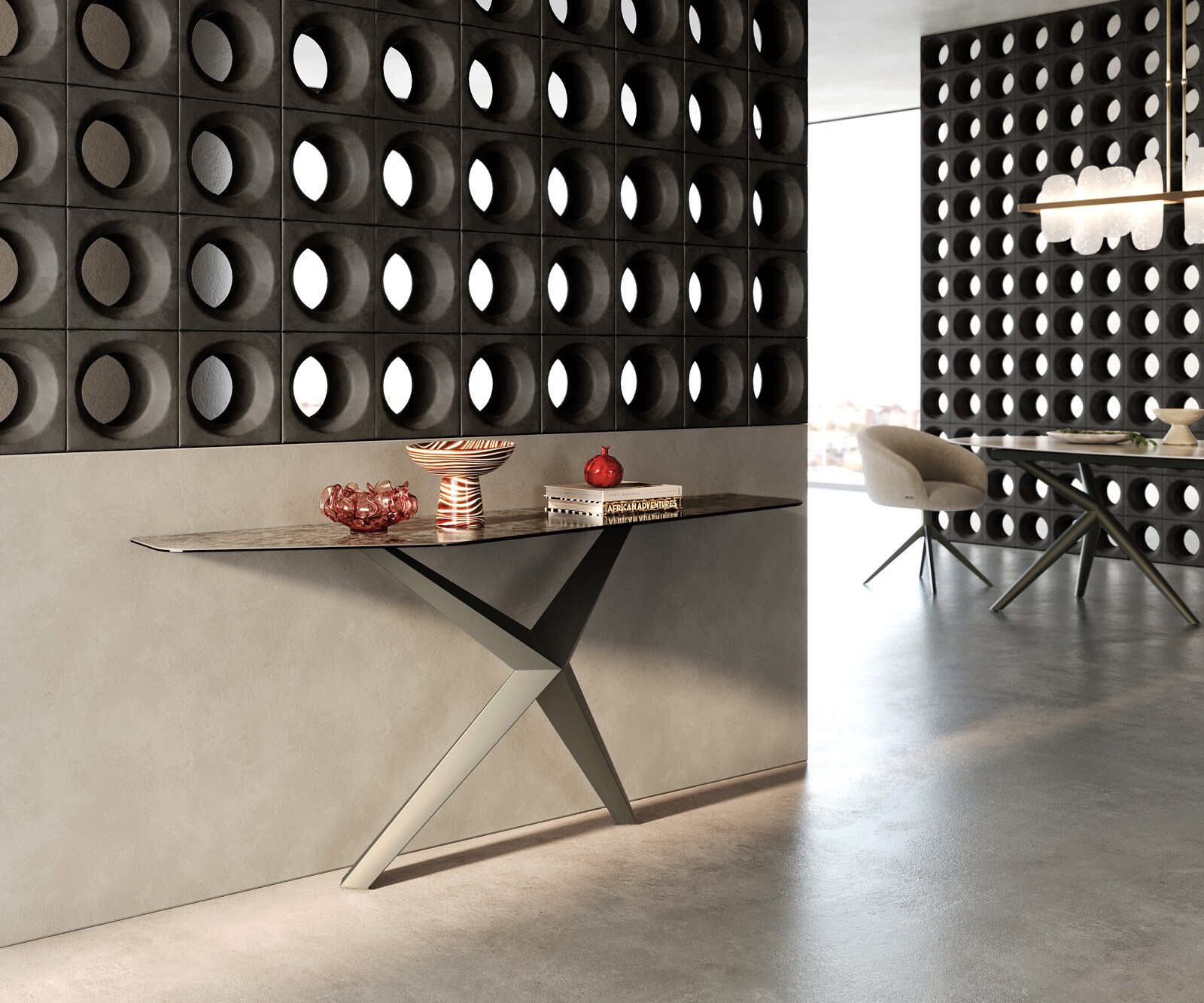 Consoletafel Edge Polygonaal 180x50 cm Keramiek Emperador Extra Lucidato Dunkelbraun Zentharo Metaal Effektfinish Titan 7