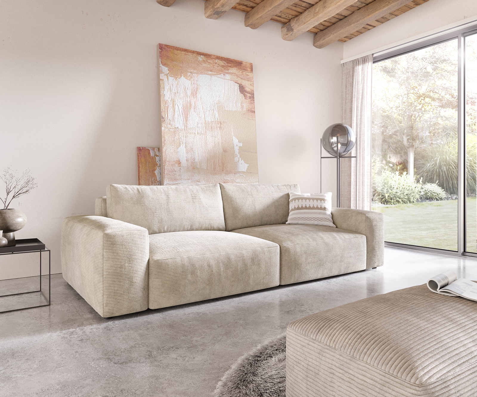 Big-sofa Lanzo XL 270x130 cm corduroy beige met poef Big-sofa Lanzo XL 270x130 cm corduroy beige met poef