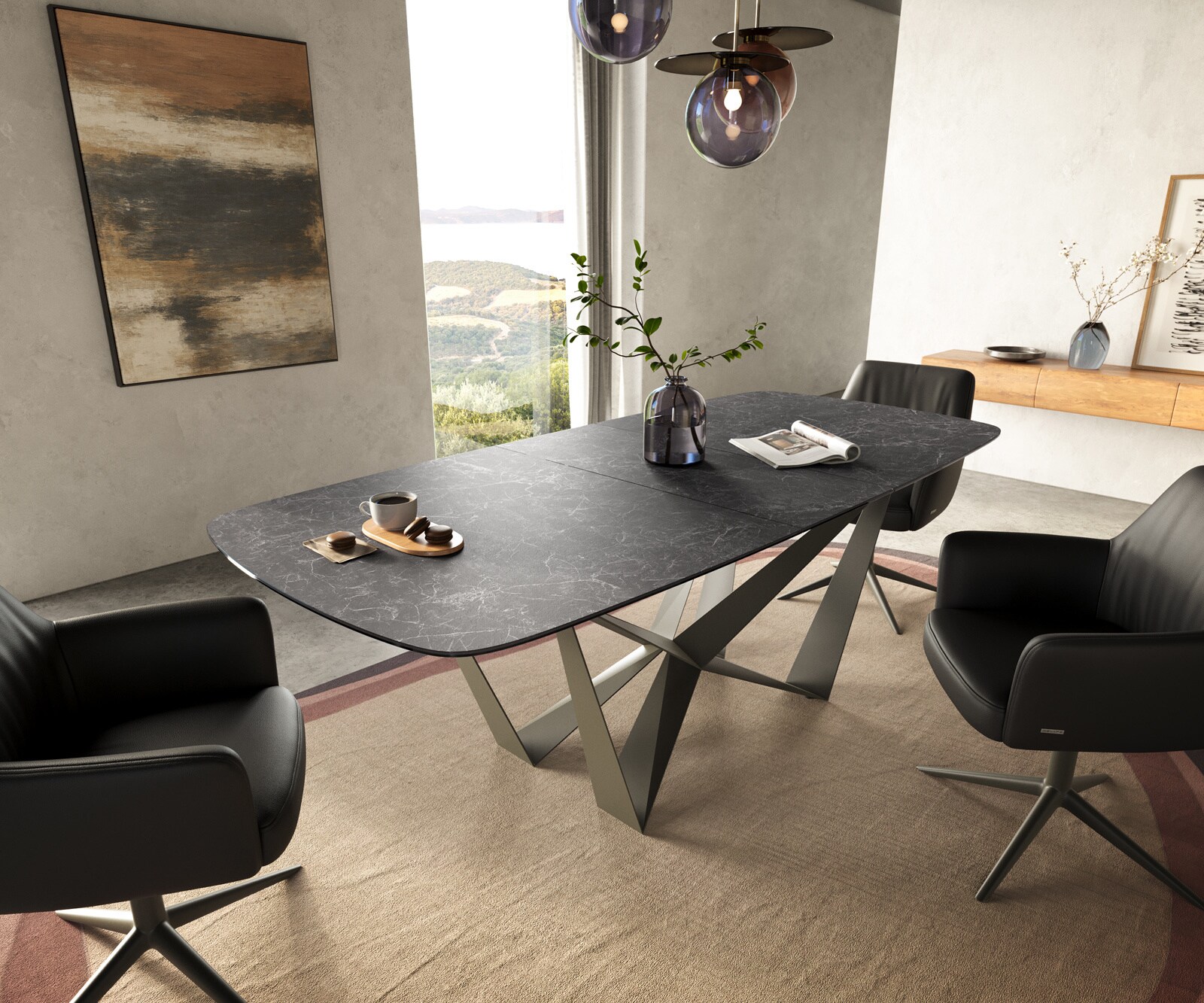 Eettafel Edge Boot 180-220x100 cm Keramiek Laminam® Nero Greco Anthrazit Spider Metaal Effectafwerking Titan uitschuifbaar 1