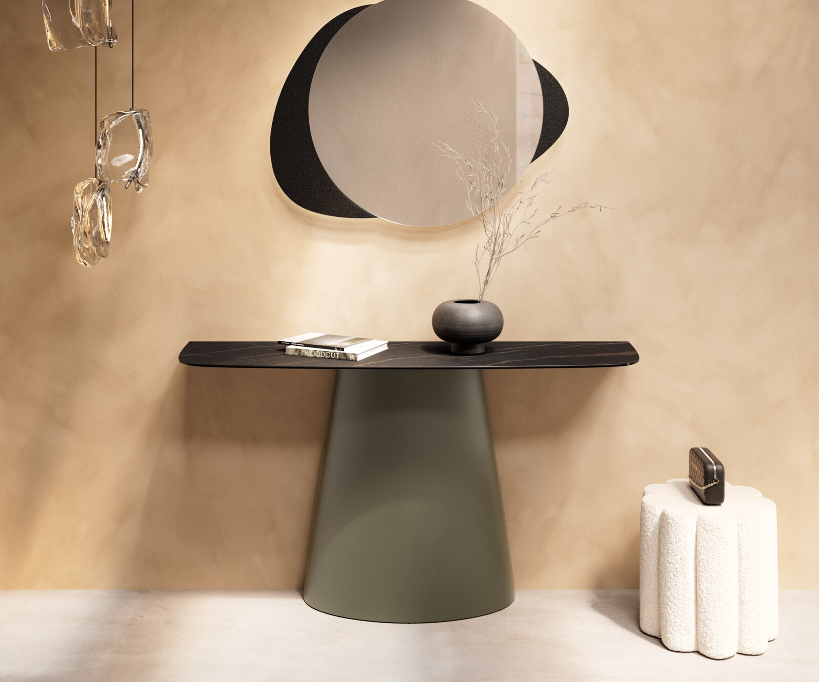 Consoletafel Edge Bootvorm 140x40 cm Keramiek Laminam® Noir Desir Braun Conos Metaal Effektfinish Titan 1