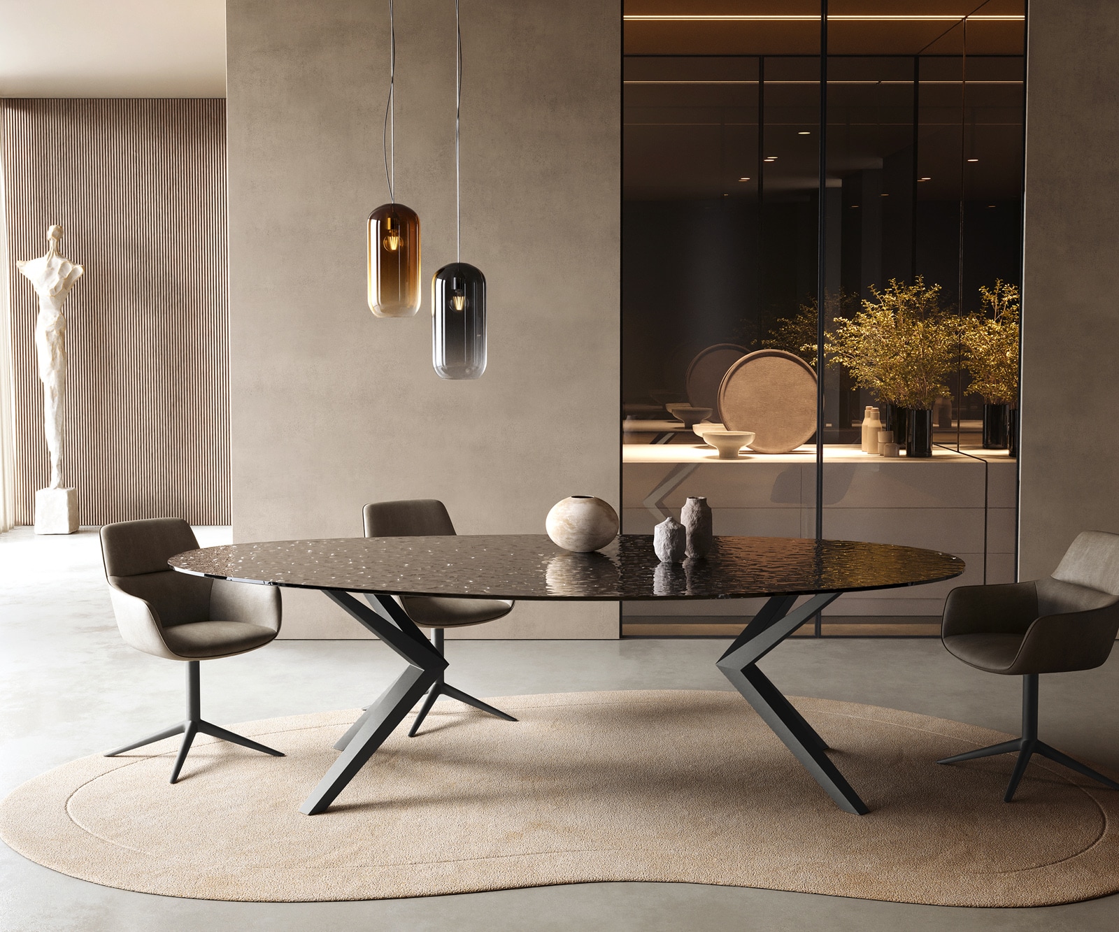 Eetkamertafel Edge ovaal 280x130 reliëfglas Rauchzwart 3D-Design Zenthara hoekig metaal zwart Eetkamertafel Edge ovaal 280x130 reliëfglas Rauchzwart 3D-Design Zenthara hoekig metaal zwart